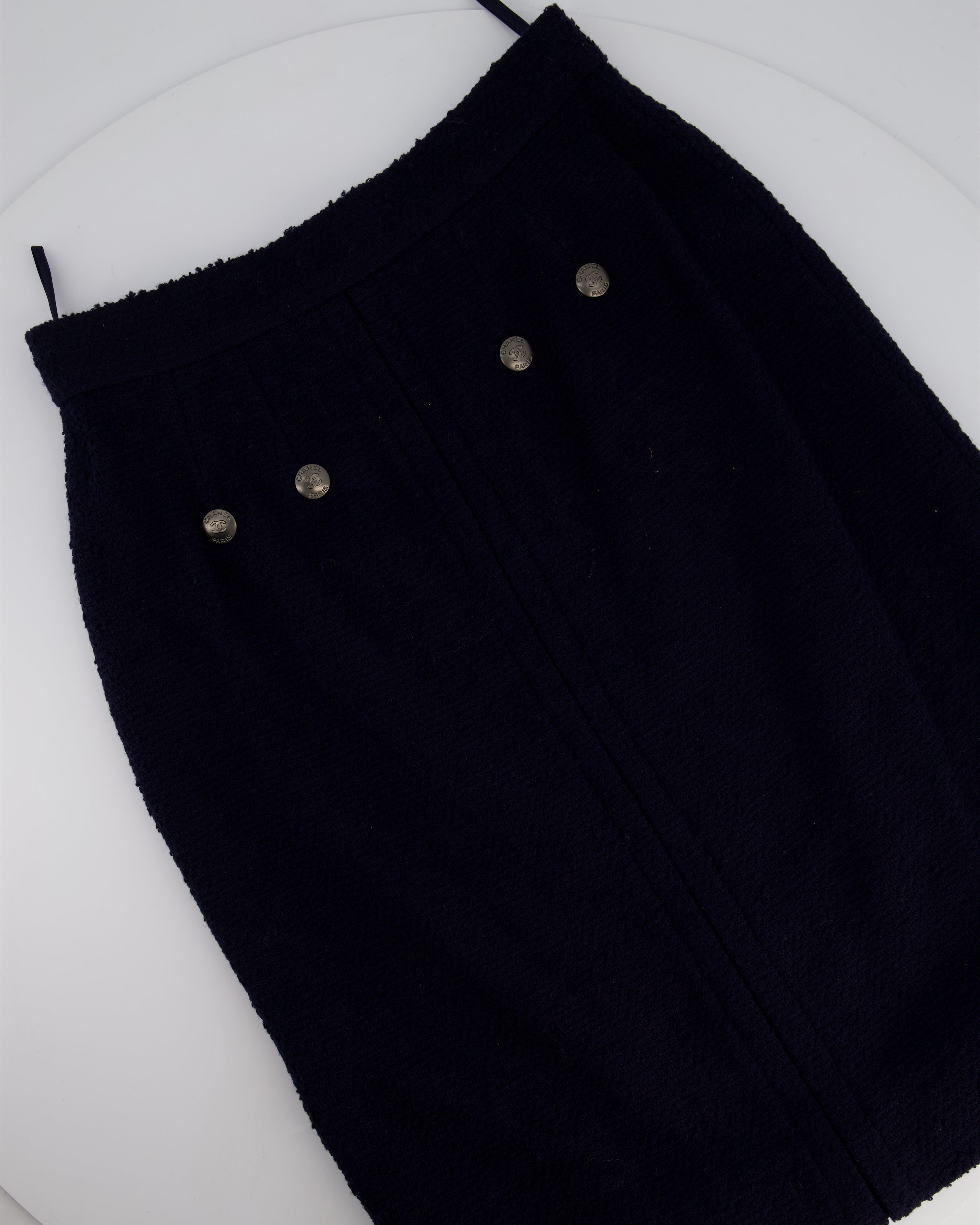 Chanel 97A Navy Wool Long Sleeve Jacket and Pencil Skirt Set with Red, Blue, Green and Yellow Neckline Applique Detail Size FR 38 (UK 10)
