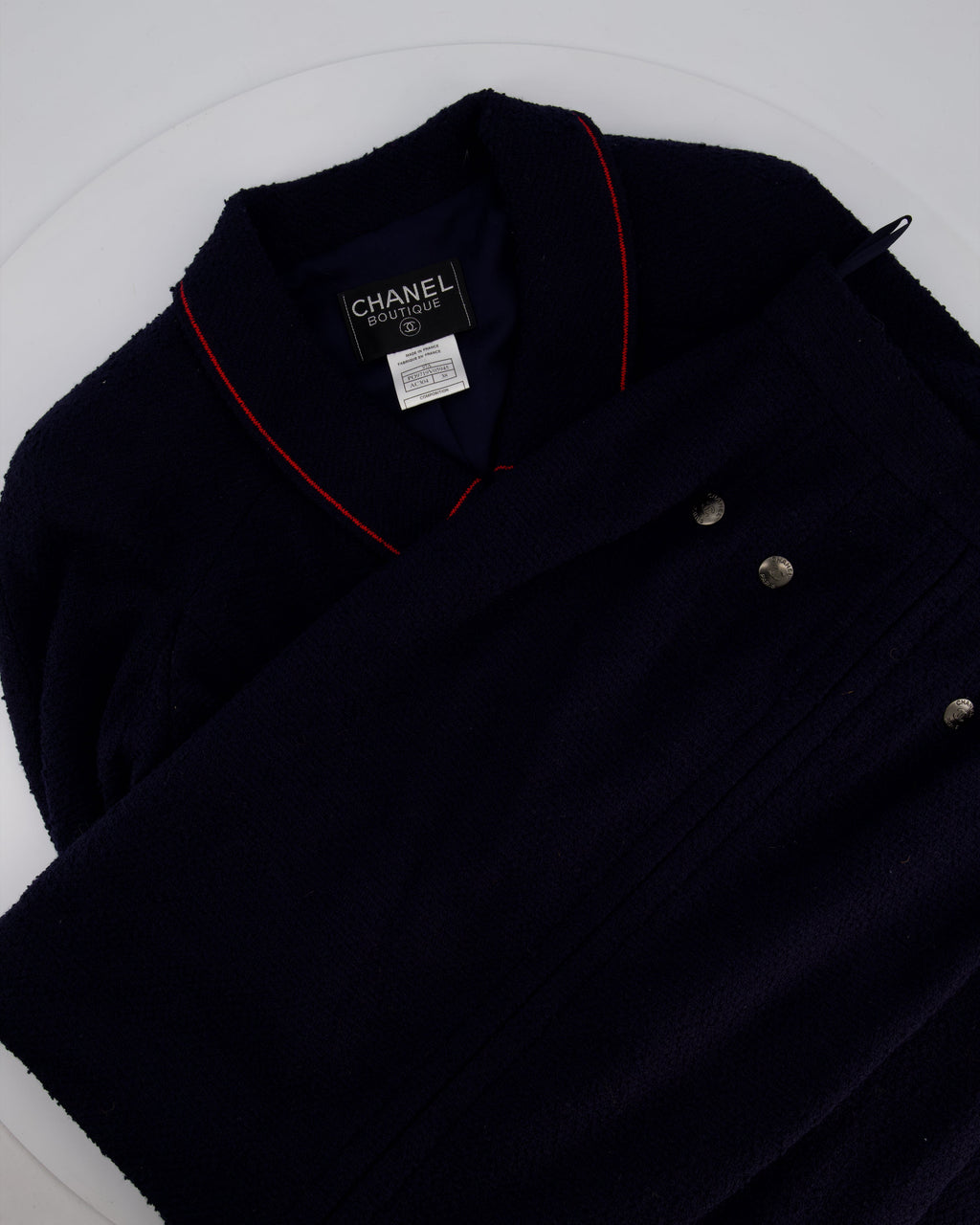 Chanel 97A Navy Wool Long Sleeve Jacket and Pencil Skirt Set with Red, Blue, Green and Yellow Neckline Applique Detail Size FR 38 (UK 10)