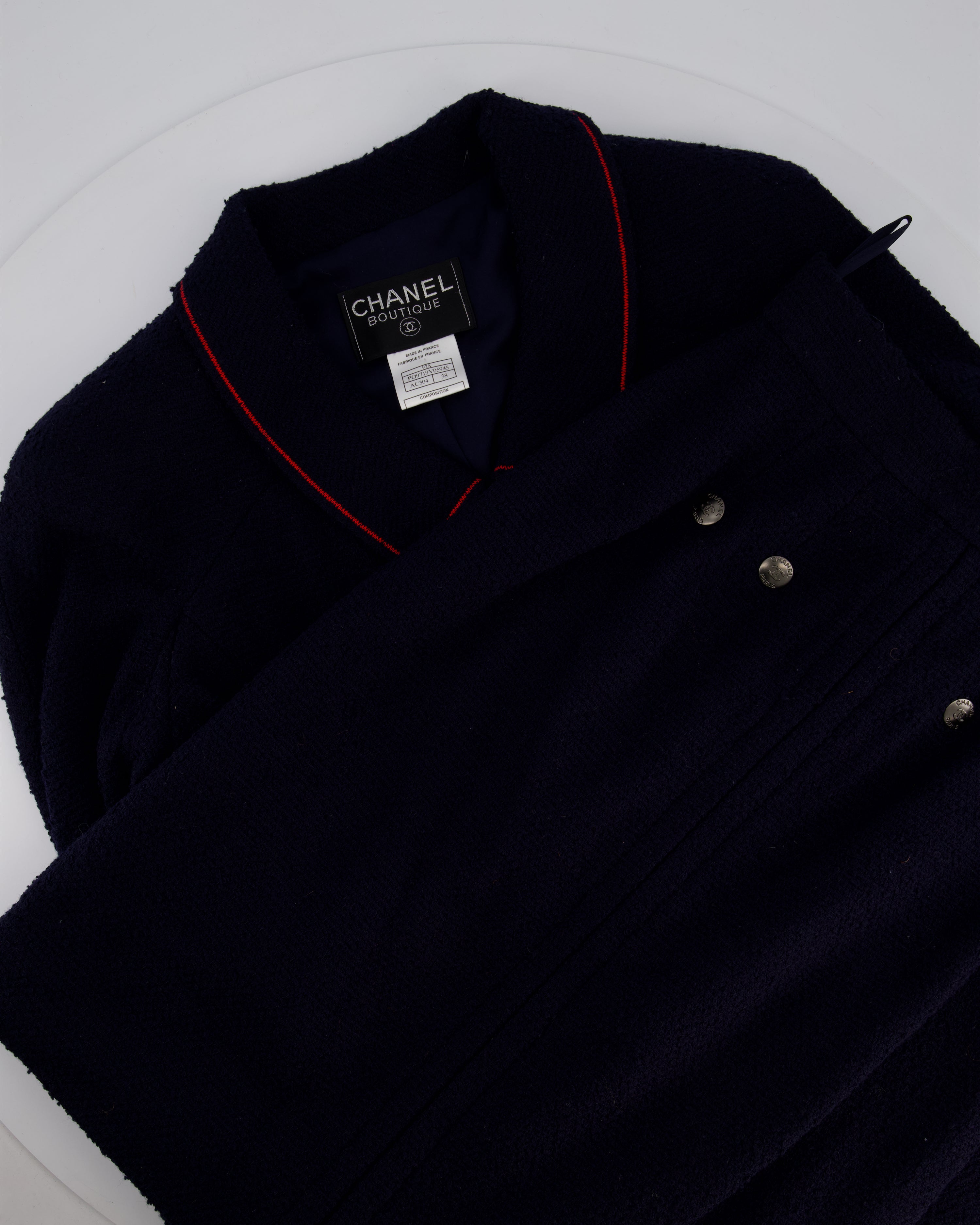 Chanel 97A Navy Wool Long Sleeve Jacket and Pencil Skirt Set with Red, Blue, Green and Yellow Neckline Applique Detail Size FR 38 (UK 10)