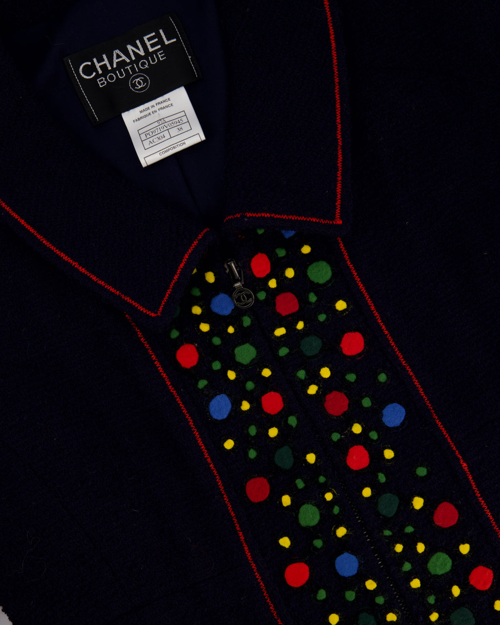 Chanel 97A Navy Wool Long Sleeve Jacket and Pencil Skirt Set with Red, Blue, Green and Yellow Neckline Applique Detail Size FR 38 (UK 10)