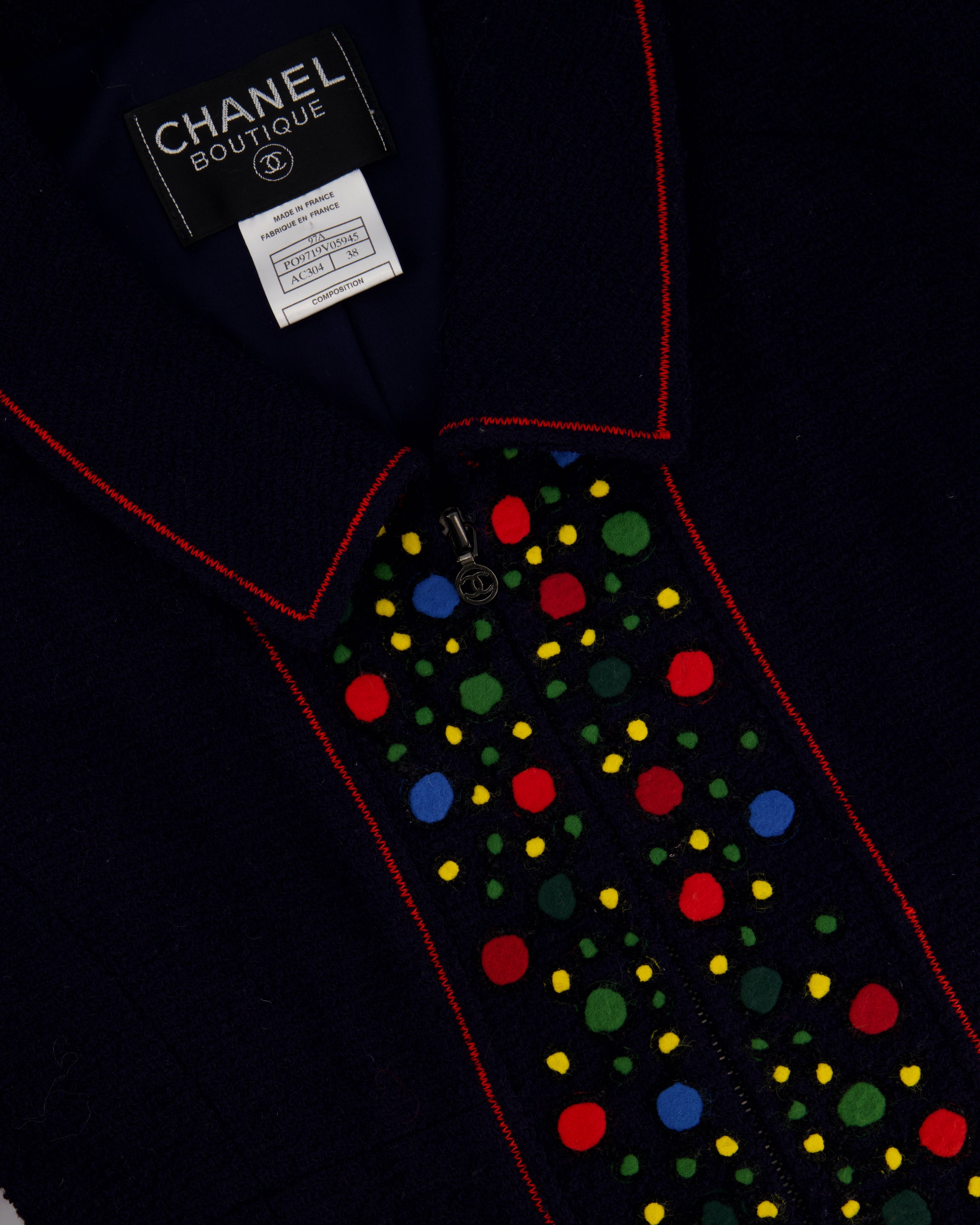 Chanel 97A Navy Wool Long Sleeve Jacket and Pencil Skirt Set with Red, Blue, Green and Yellow Neckline Applique Detail Size FR 38 (UK 10)
