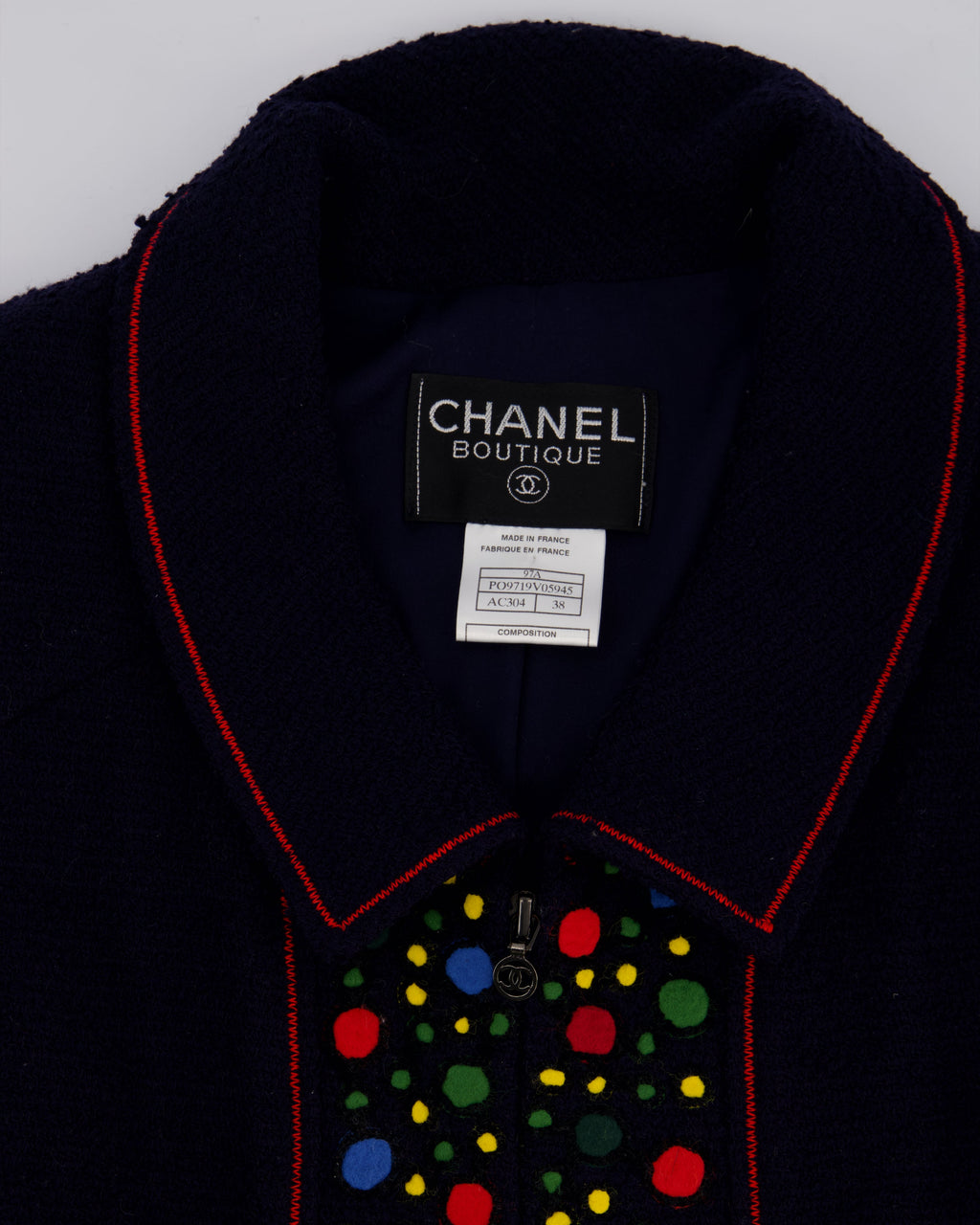 Chanel 97A Navy Wool Long Sleeve Jacket and Pencil Skirt Set with Red, Blue, Green and Yellow Neckline Applique Detail Size FR 38 (UK 10)