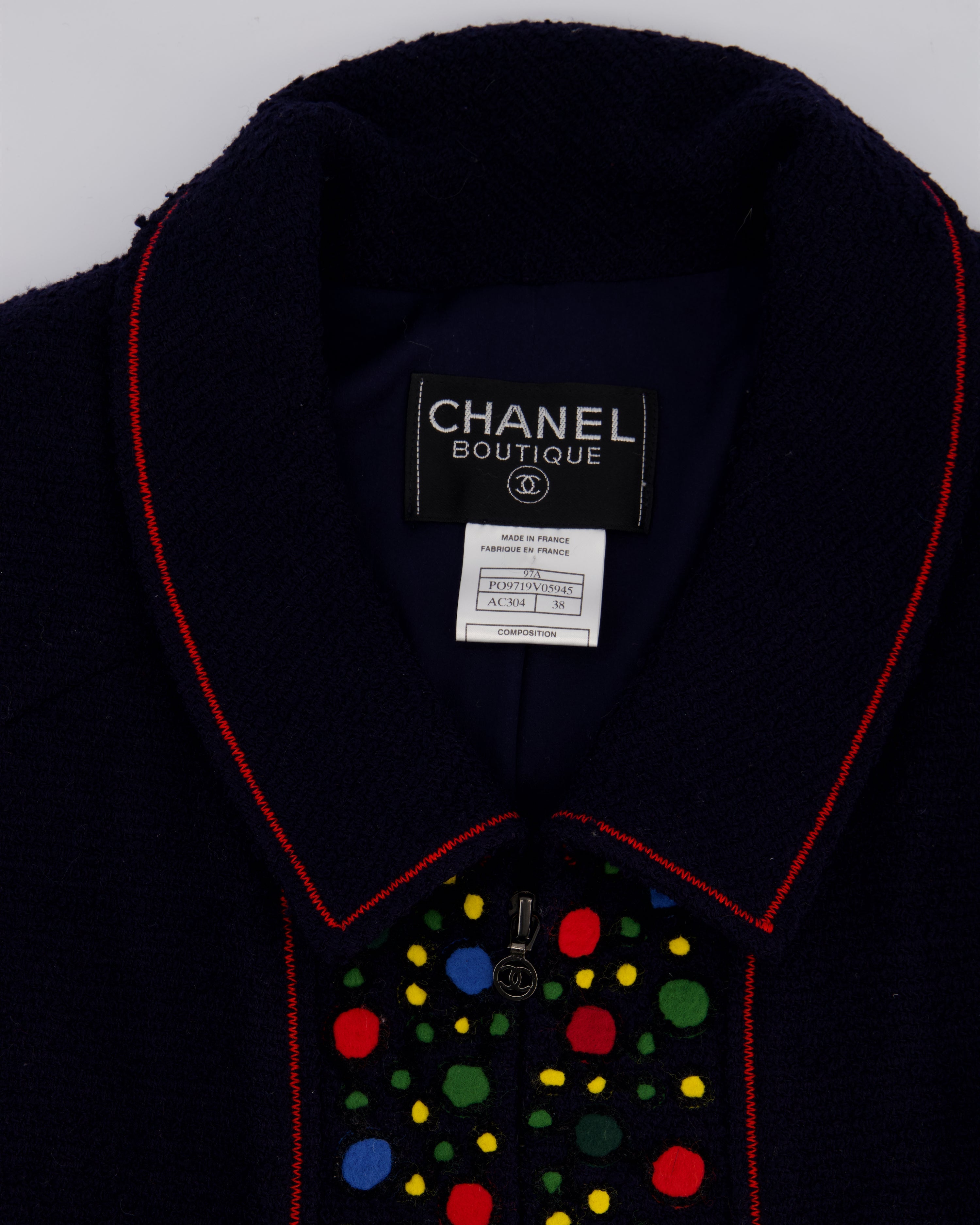 Chanel 97A Navy Wool Long Sleeve Jacket and Pencil Skirt Set with Red, Blue, Green and Yellow Neckline Applique Detail Size FR 38 (UK 10)