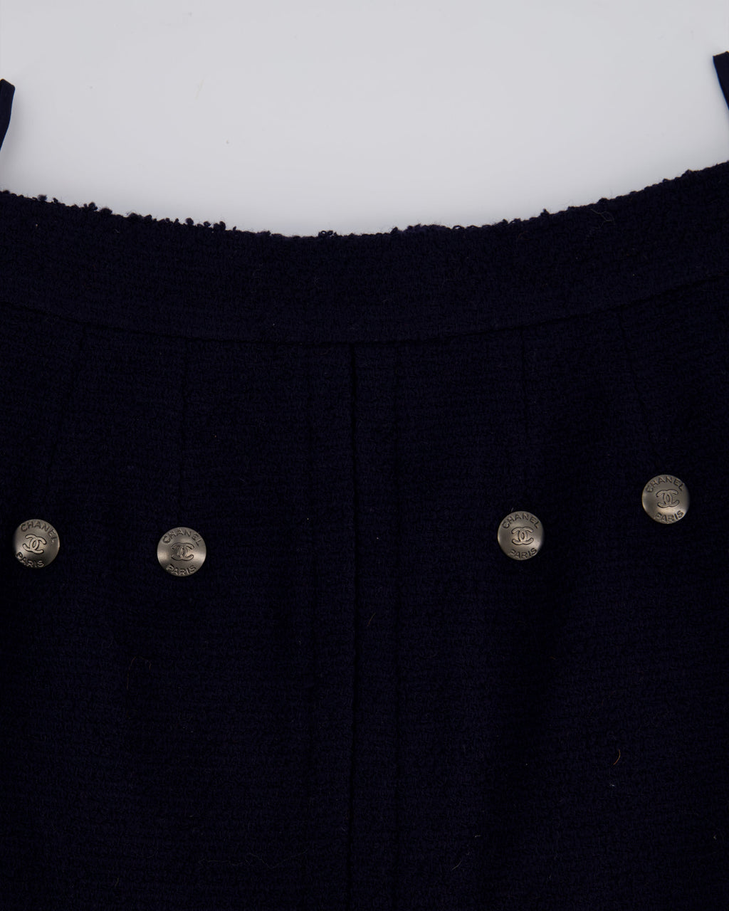 Chanel 97A Navy Wool Long Sleeve Jacket and Pencil Skirt Set with Red, Blue, Green and Yellow Neckline Applique Detail Size FR 38 (UK 10)