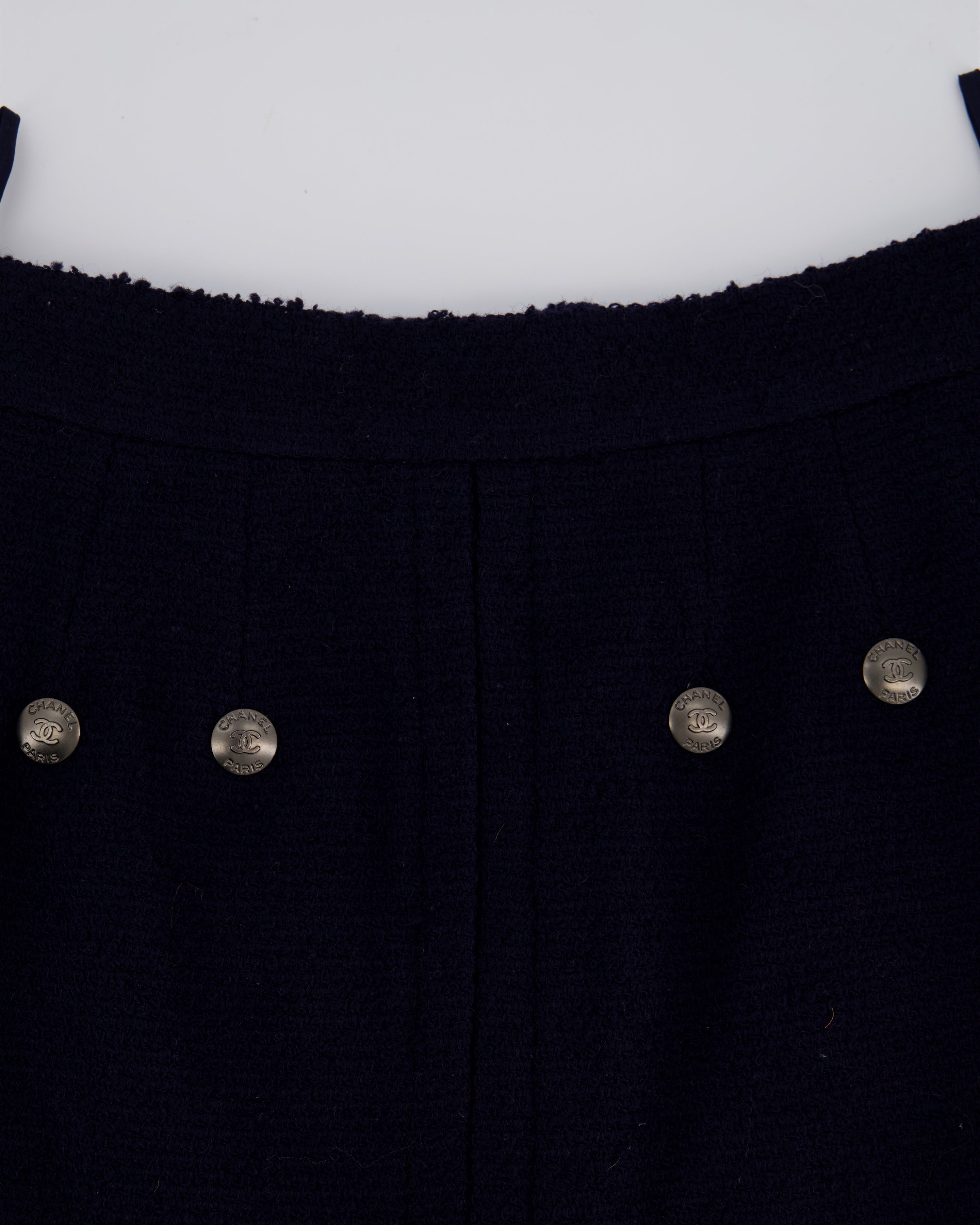 Chanel 97A Navy Wool Long Sleeve Jacket and Pencil Skirt Set with Red, Blue, Green and Yellow Neckline Applique Detail Size FR 38 (UK 10)
