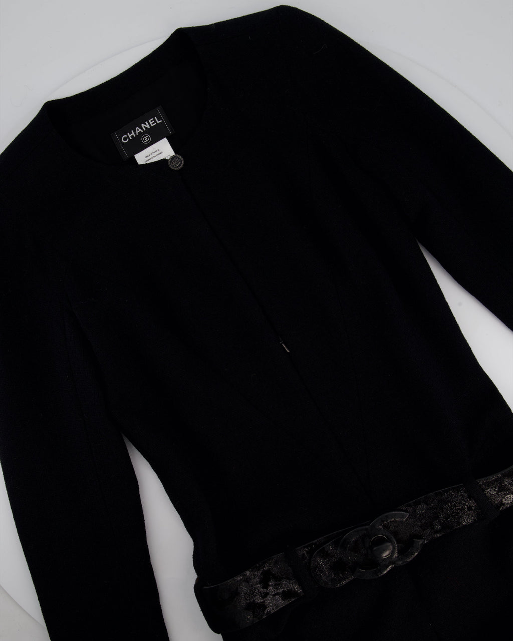 Chanel 09A Black Wool Short Dress with Crystal CC Buttons & CC Belt Details Size FR 34 (UK 6) RRP £3120