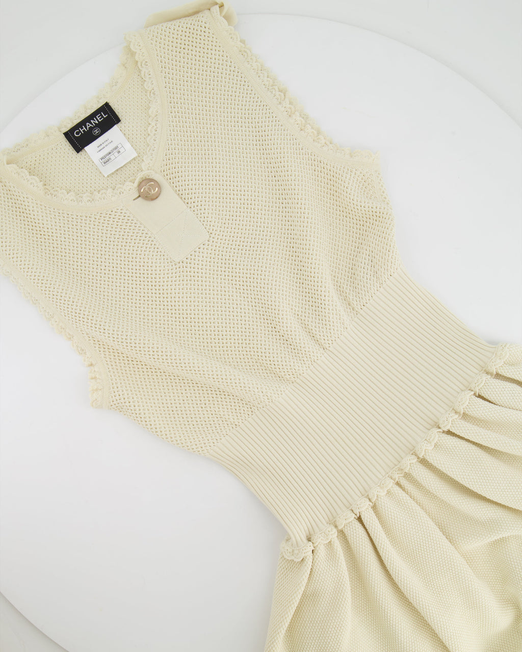 Chanel Cream Knit Sleeveless Mini Dress with Gold CC Logo Detail Size FR 38 (UK 10)