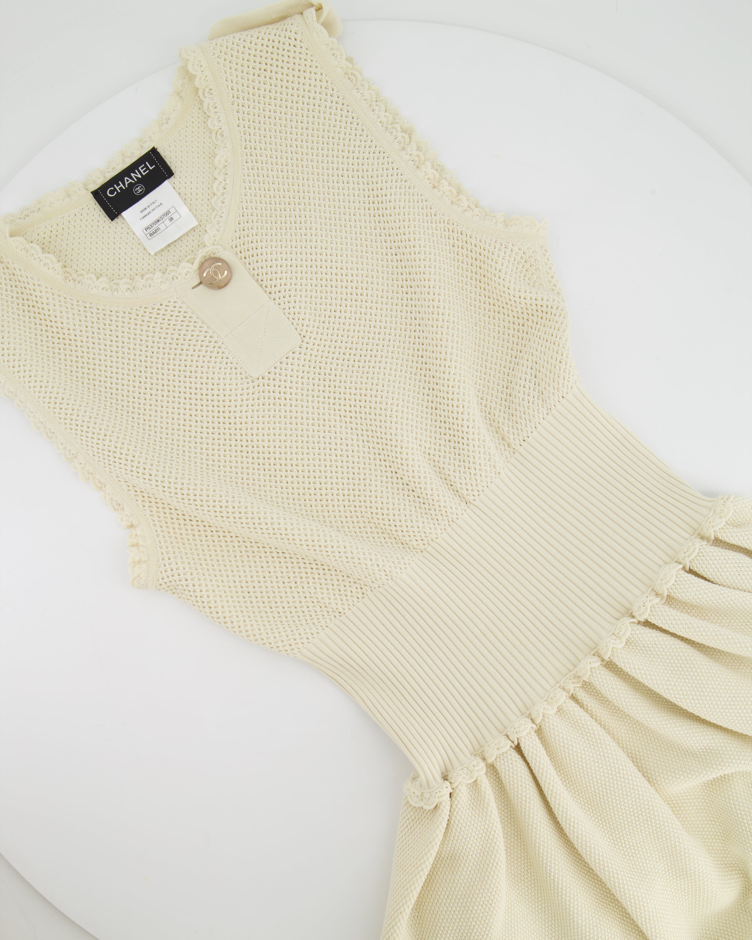 Chanel Cream Knit Sleeveless Mini Dress with Gold CC Logo Detail Size FR 38 (UK 10)