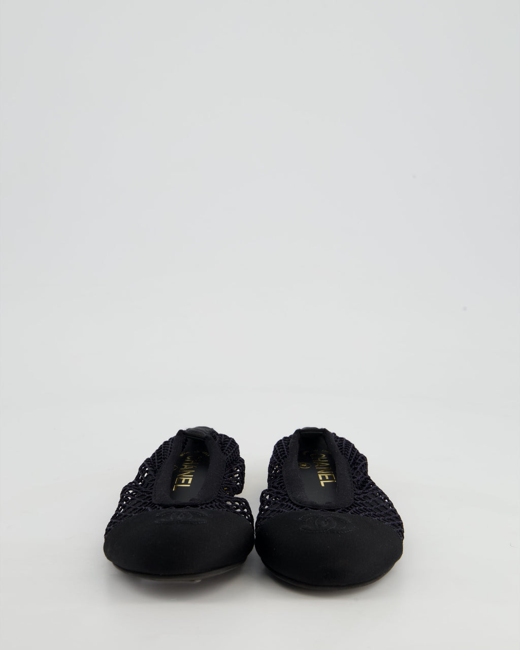 Chanel Black Ballerina Shoes in Mesh & Grosgrain with Gold Heel Detail & CC Logo Size EU 35