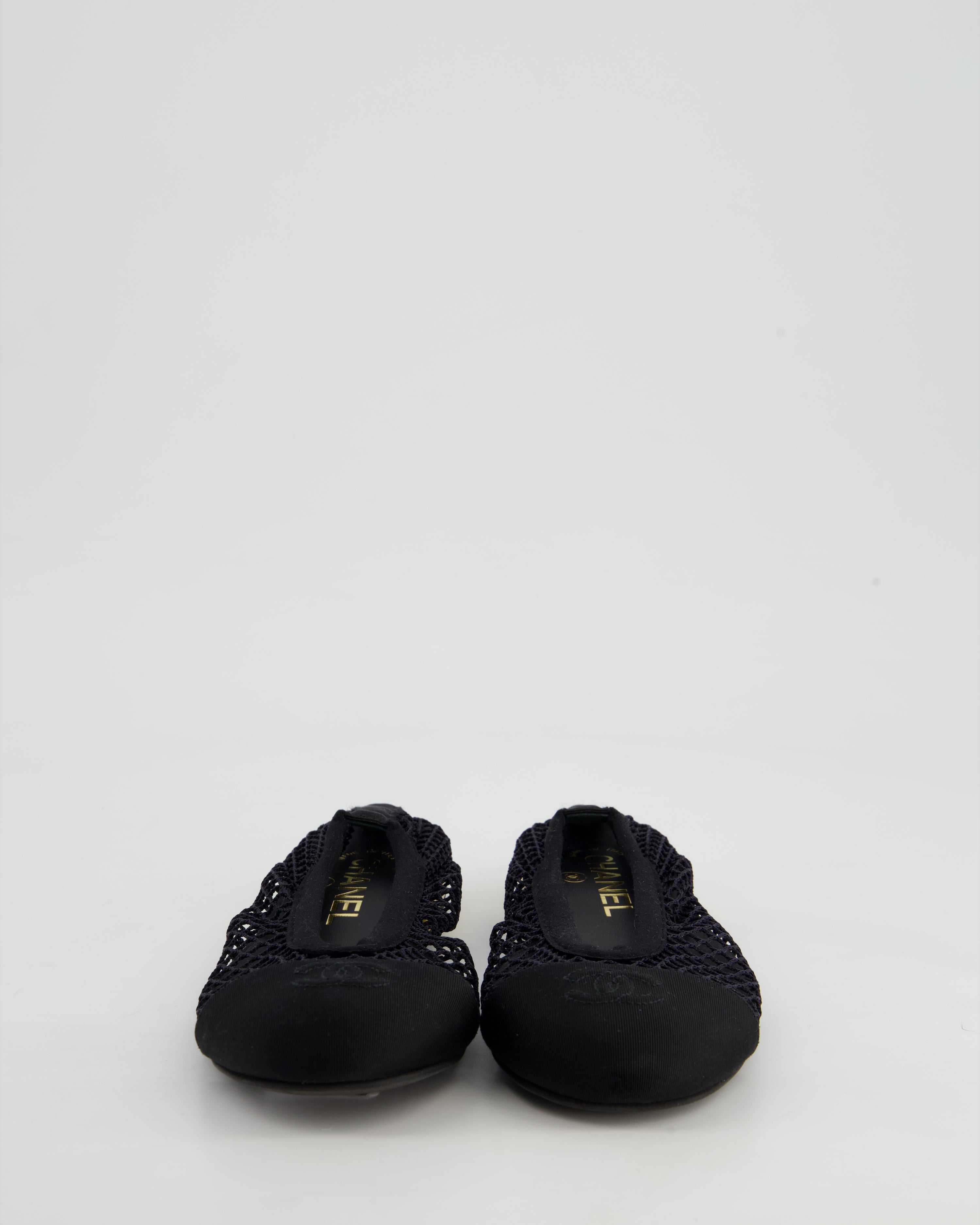 Chanel Black Ballerina Shoes in Mesh & Grosgrain with Gold Heel Detail & CC Logo Size EU 35