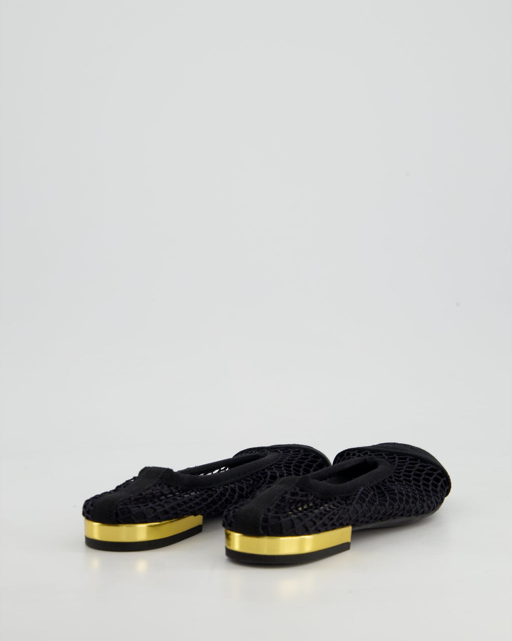 Chanel Black Ballerina Shoes in Mesh & Grosgrain with Gold Heel Detail & CC Logo Size EU 35