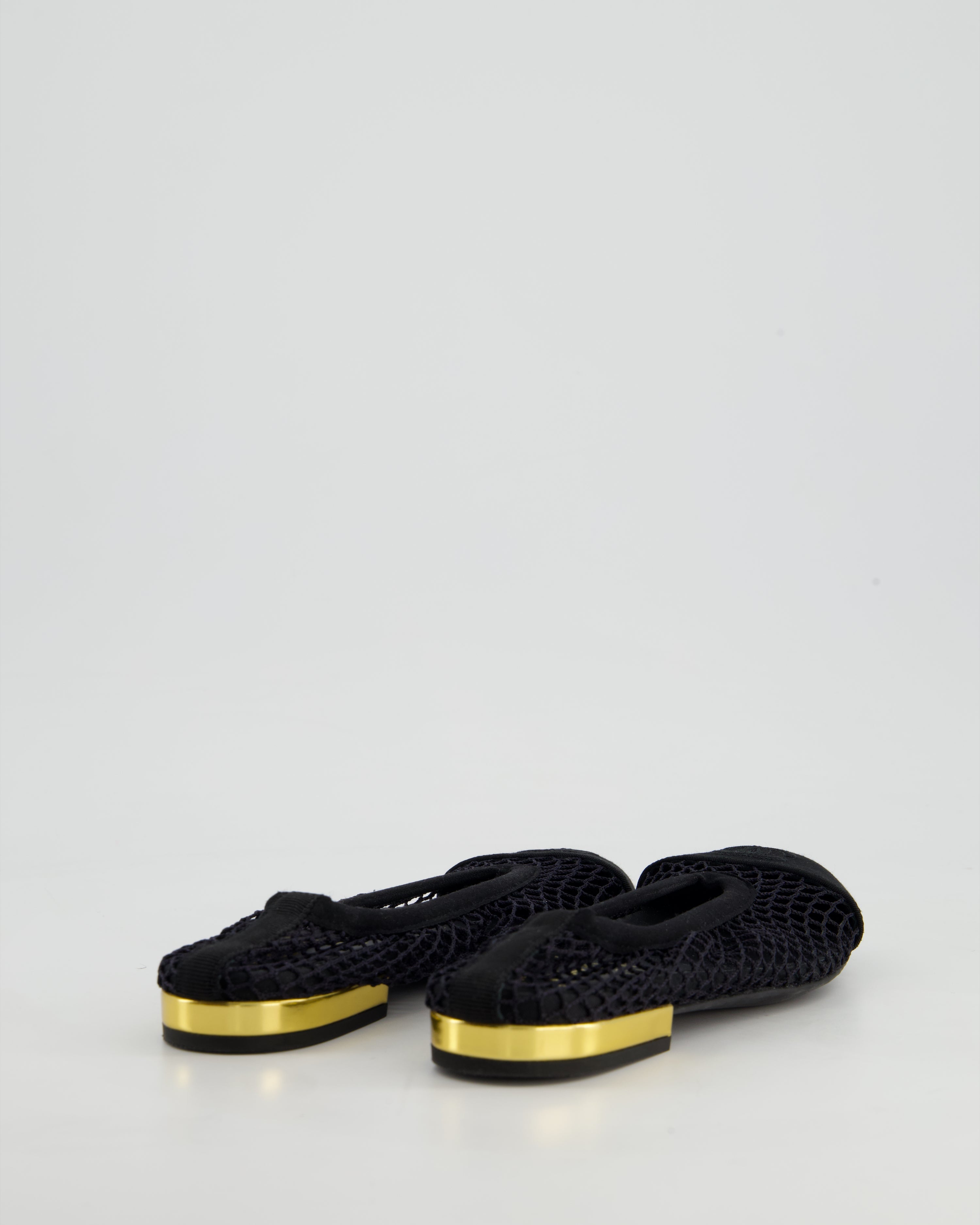 Chanel Black Ballerina Shoes in Mesh & Grosgrain with Gold Heel Detail & CC Logo Size EU 35