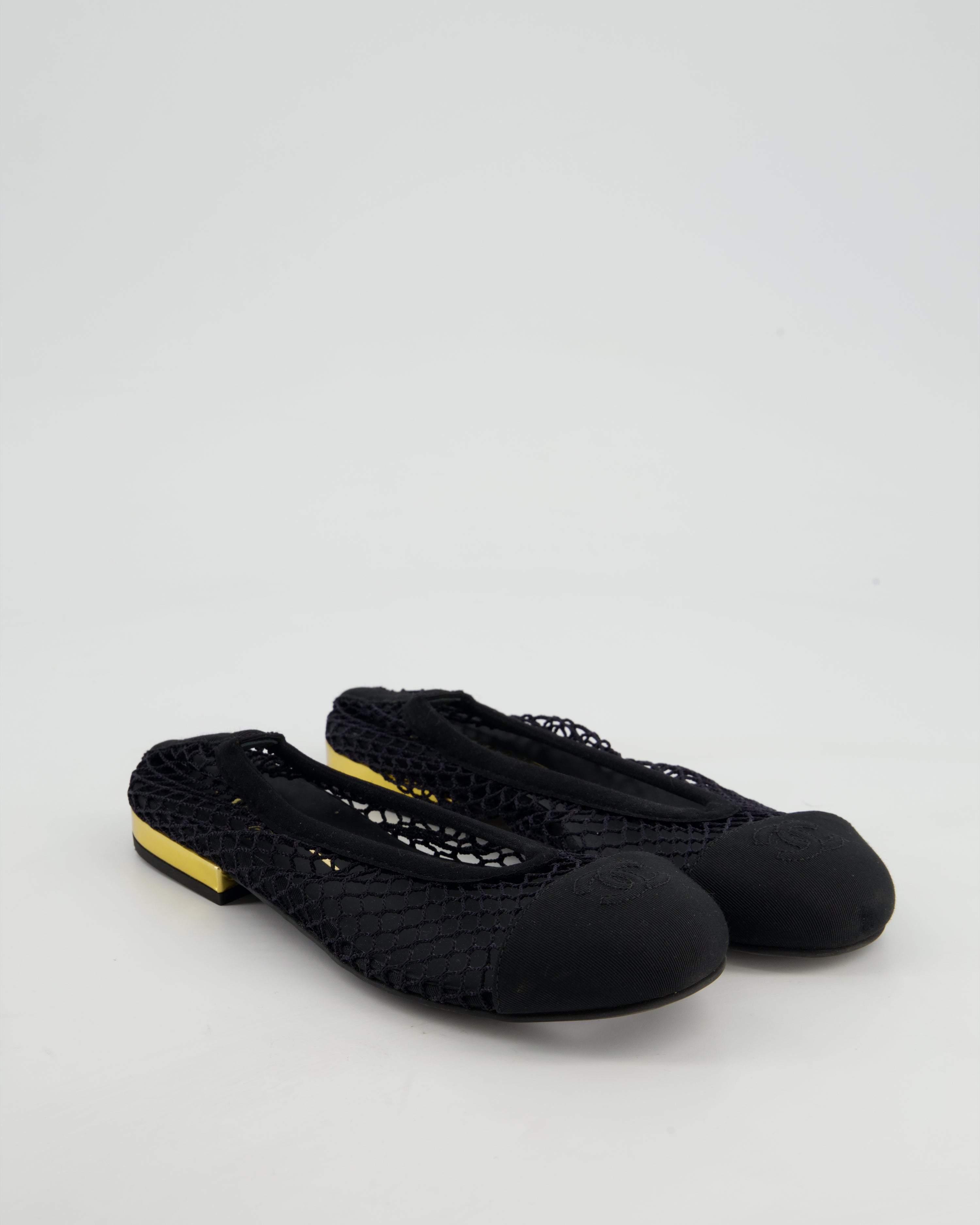 Chanel Black Ballerina Shoes in Mesh & Grosgrain with Gold Heel Detail & CC Logo Size EU 35