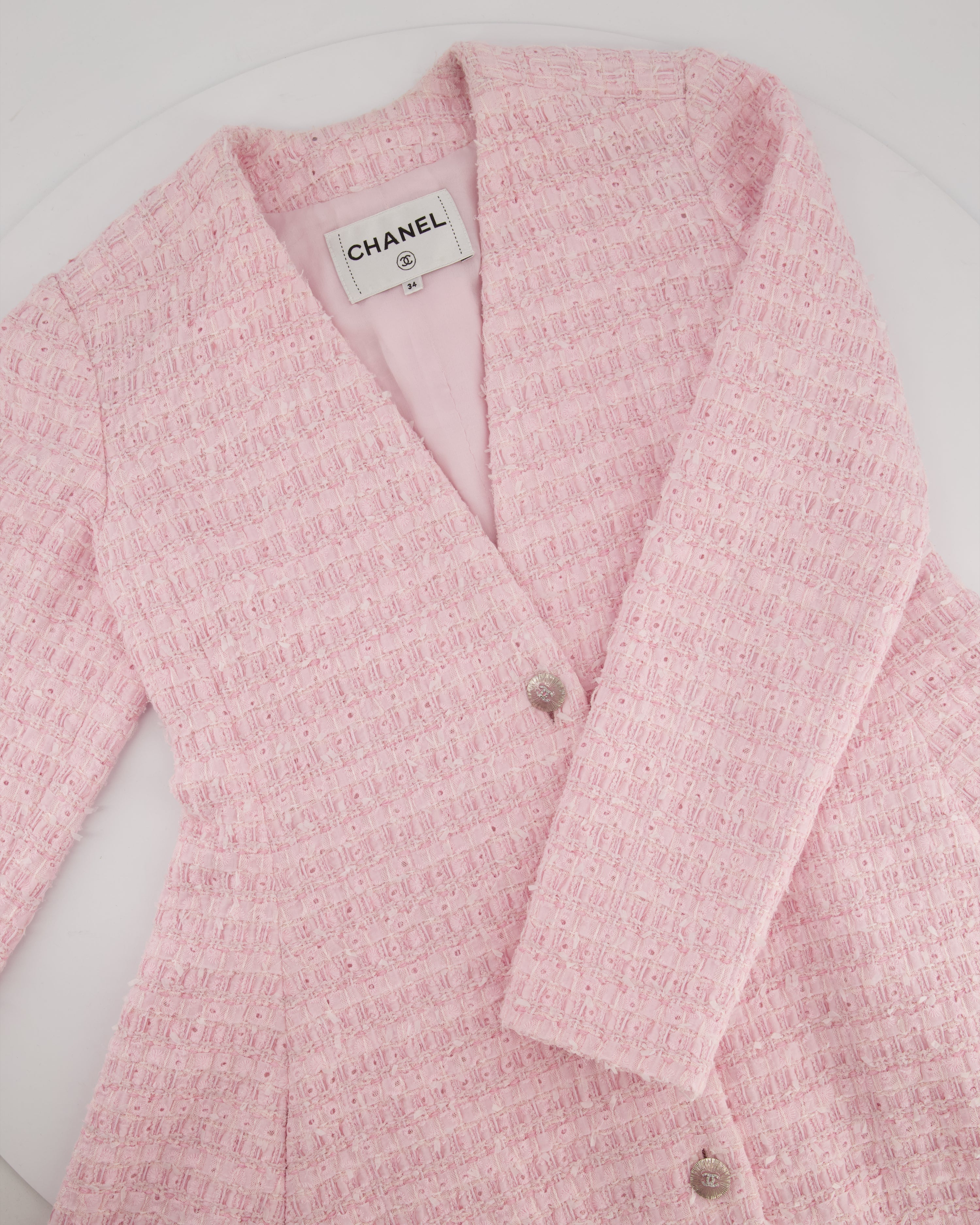 *HOT* Chanel 24S Pink Tweed Long Sleeve A-Line Asymmetric Mini Dress with Silver and Pink Logo Button Details Detail FR 34 (UK 6) RRP £11,650
