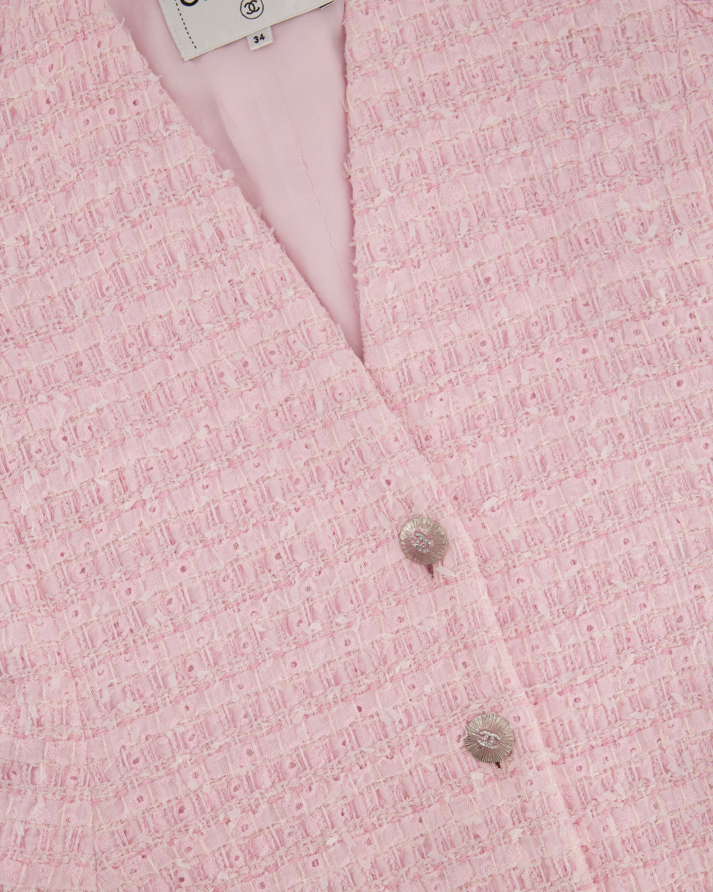 *HOT* Chanel 24S Pink Tweed Long Sleeve A-Line Asymmetric Mini Dress with Silver and Pink Logo Button Details Detail FR 34 (UK 6) RRP £11,650