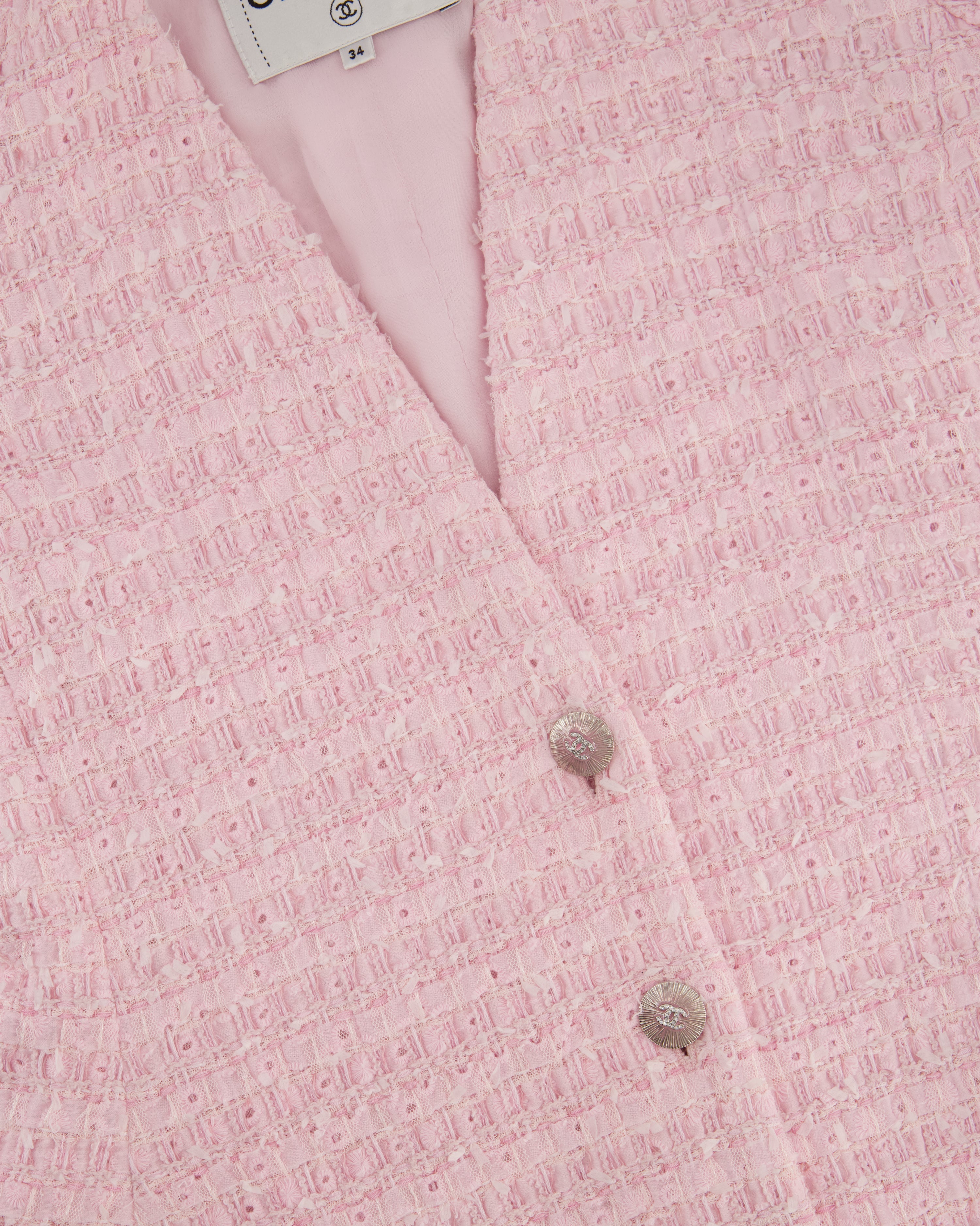 *HOT* Chanel 24S Pink Tweed Long Sleeve A-Line Asymmetric Mini Dress with Silver and Pink Logo Button Details Detail FR 34 (UK 6) RRP £11,650