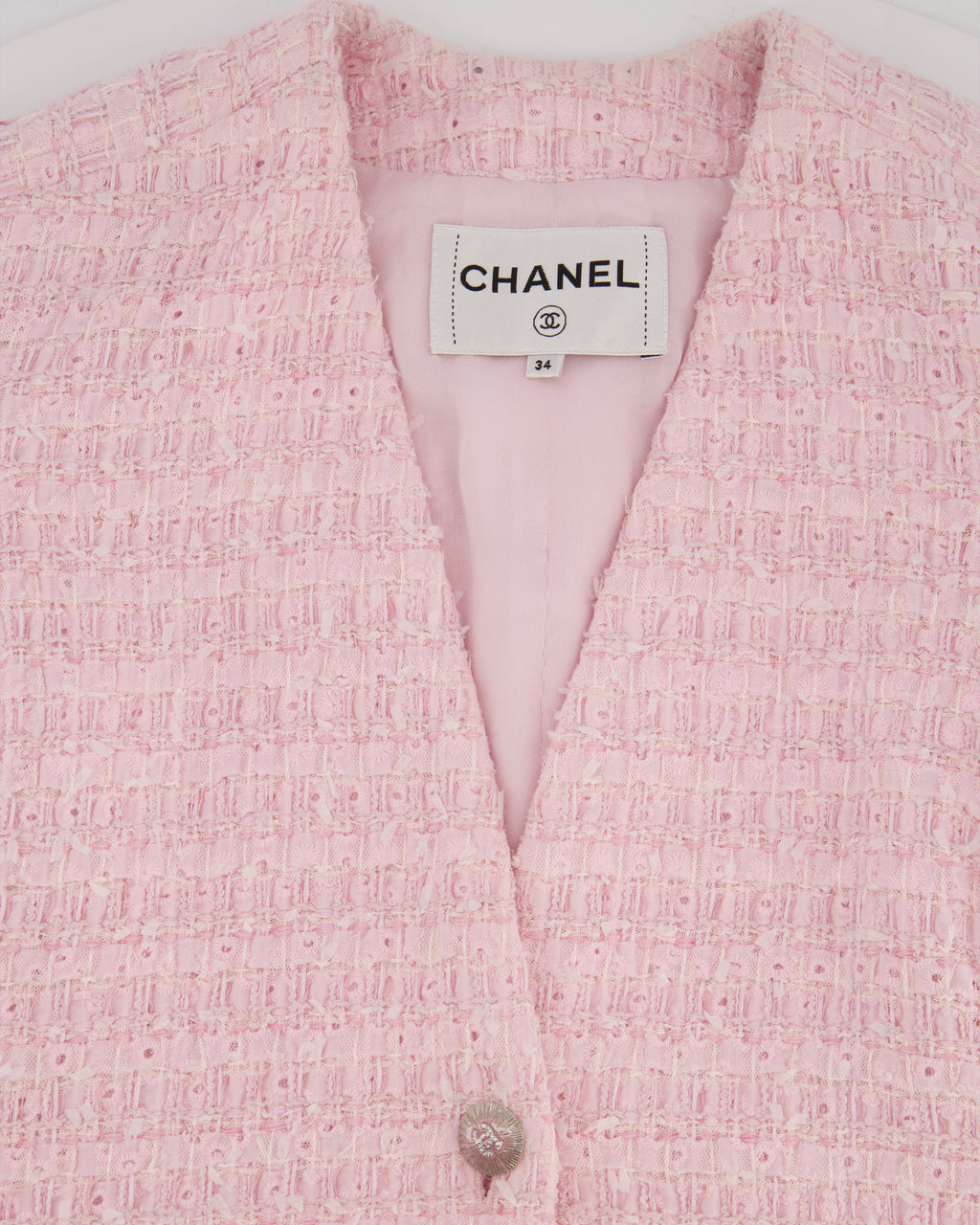 *HOT* Chanel 24S Pink Tweed Long Sleeve A-Line Asymmetric Mini Dress with Silver and Pink Logo Button Details Detail FR 34 (UK 6) RRP £11,650