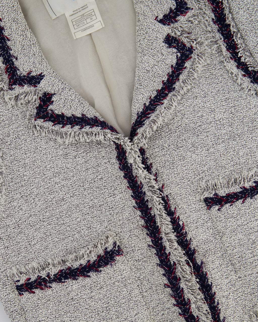 Chanel 08P Light Grey Tweed Jacket with Contrast Navy and Red Tweed Trim with CC Detail Buttons On The Cuff Size FR 38 (UK 10)