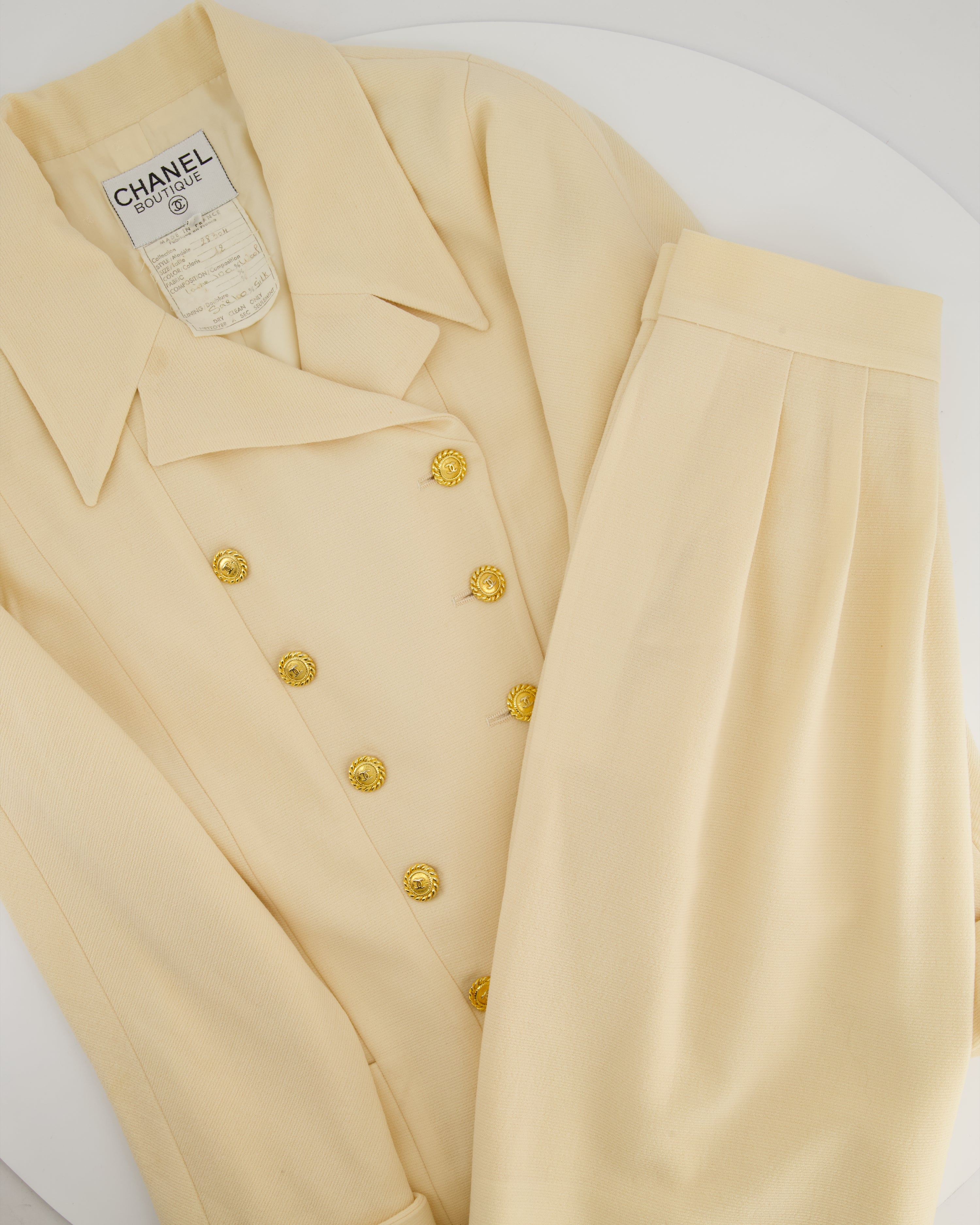 Chanel Vintage Cream Double Breasted Wool Blazer Jacket and Skirt Set with Gold CC Logo Button Detail FR 36 (UK 8)