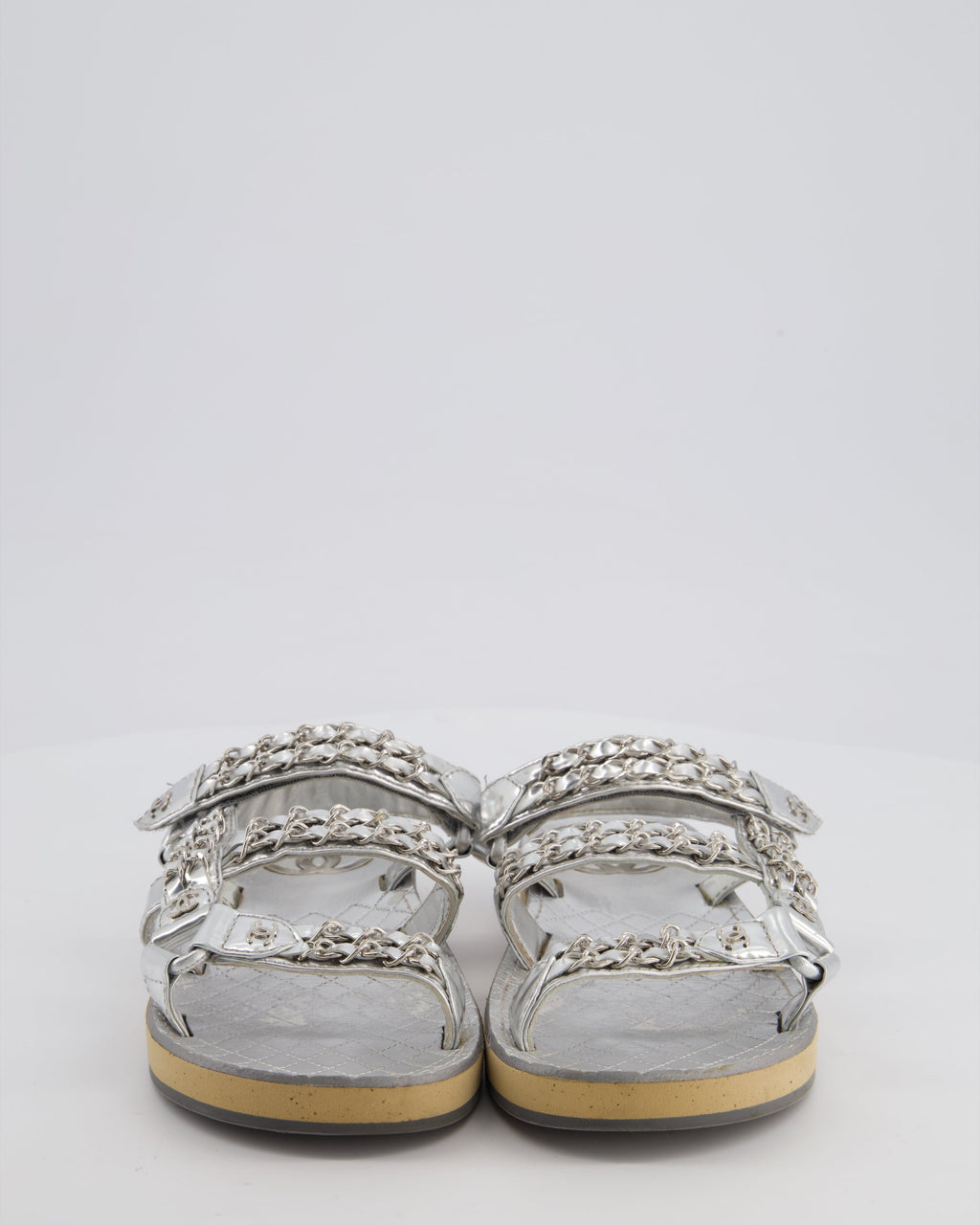 Chanel Silver Laminated Goatskin Dad Sandal with Chain Detail Size EU 37