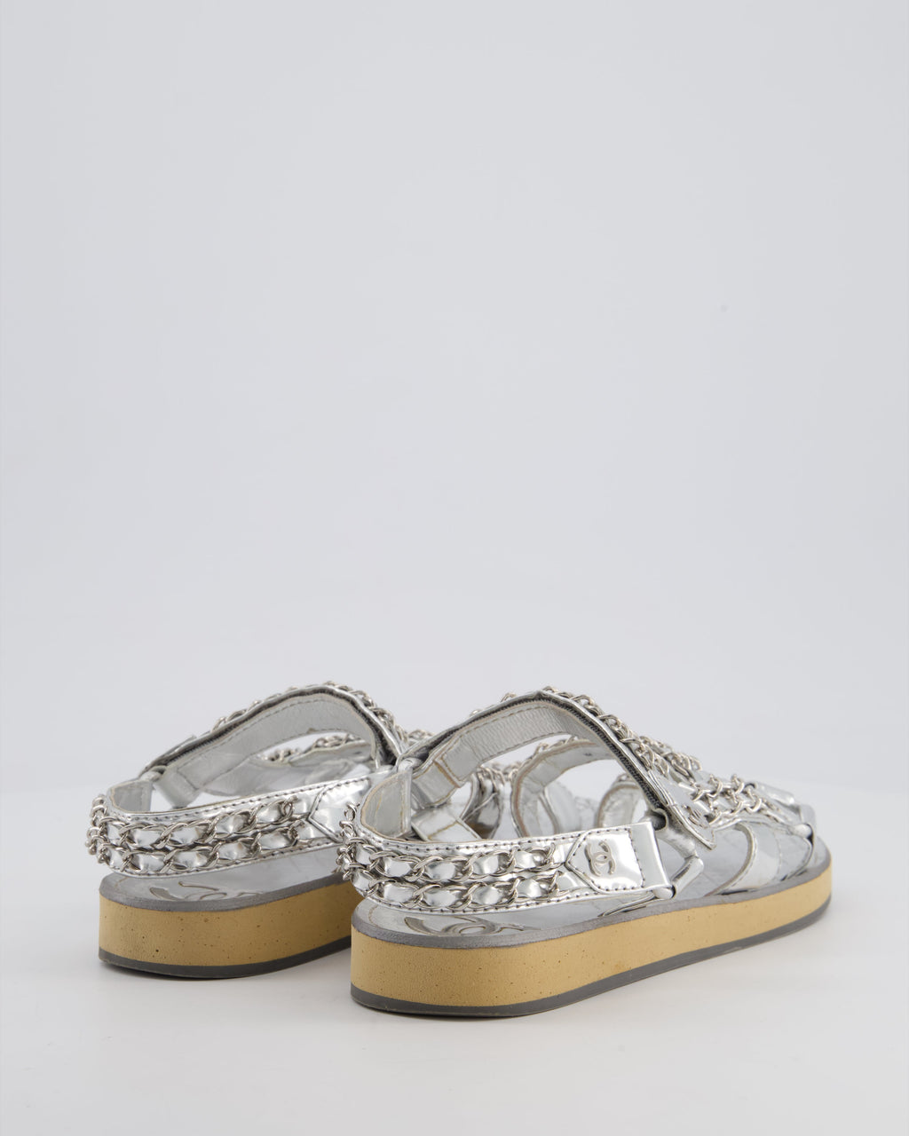 Chanel Silver Laminated Goatskin Dad Sandal with Chain Detail Size EU 37