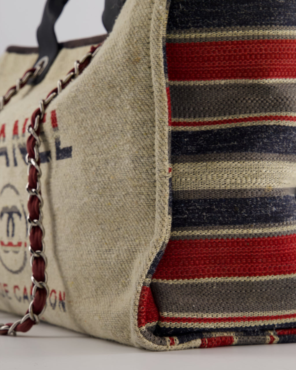 Chanel Blue and Red Medium Deauville Tote with Stripe Detail and Silver Hardware