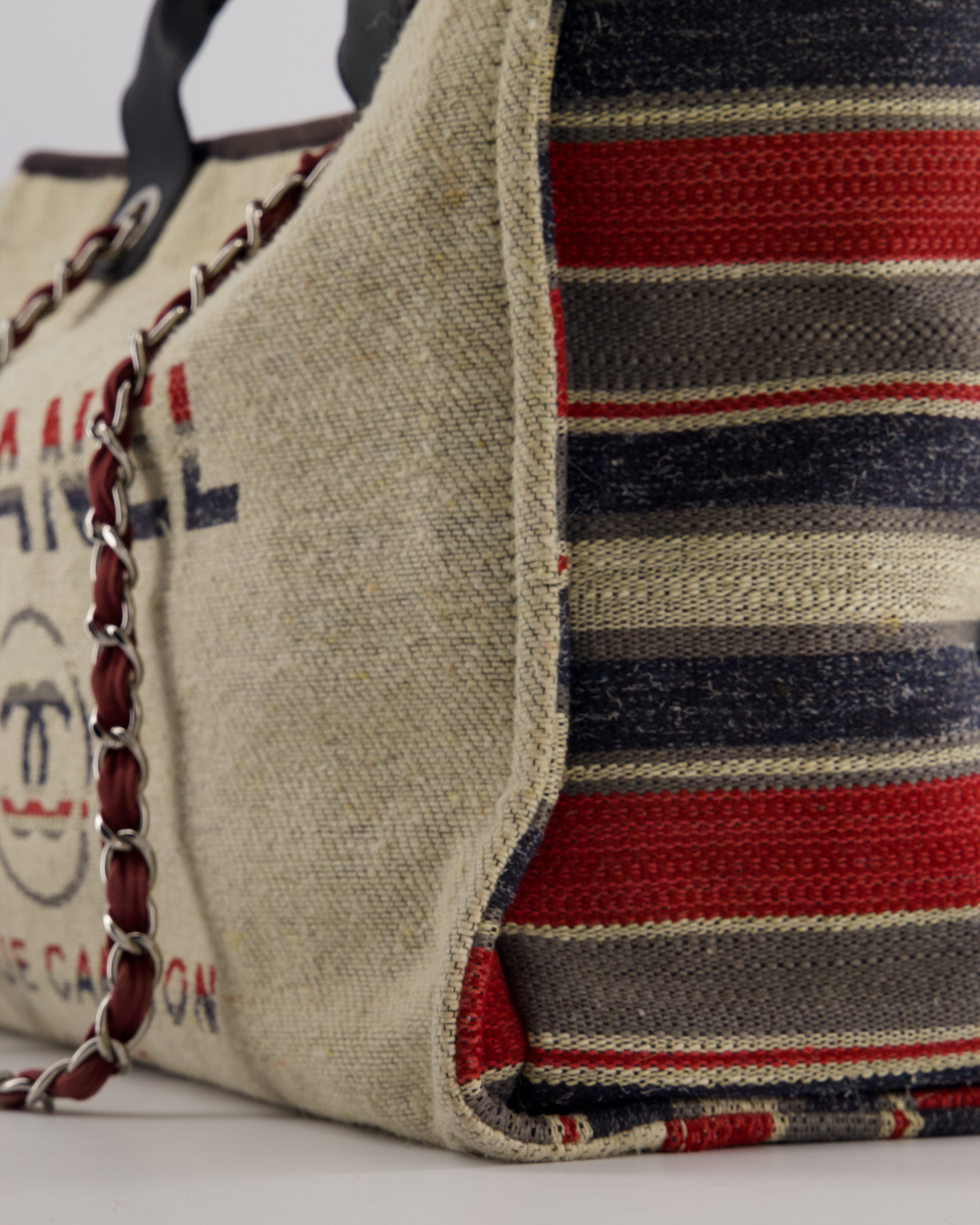 Chanel Blue and Red Medium Deauville Tote with Stripe Detail and Silver Hardware