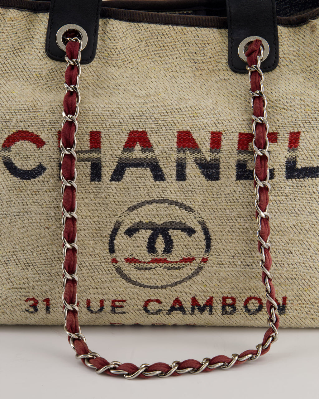 Chanel Blue and Red Medium Deauville Tote with Stripe Detail and Silver Hardware