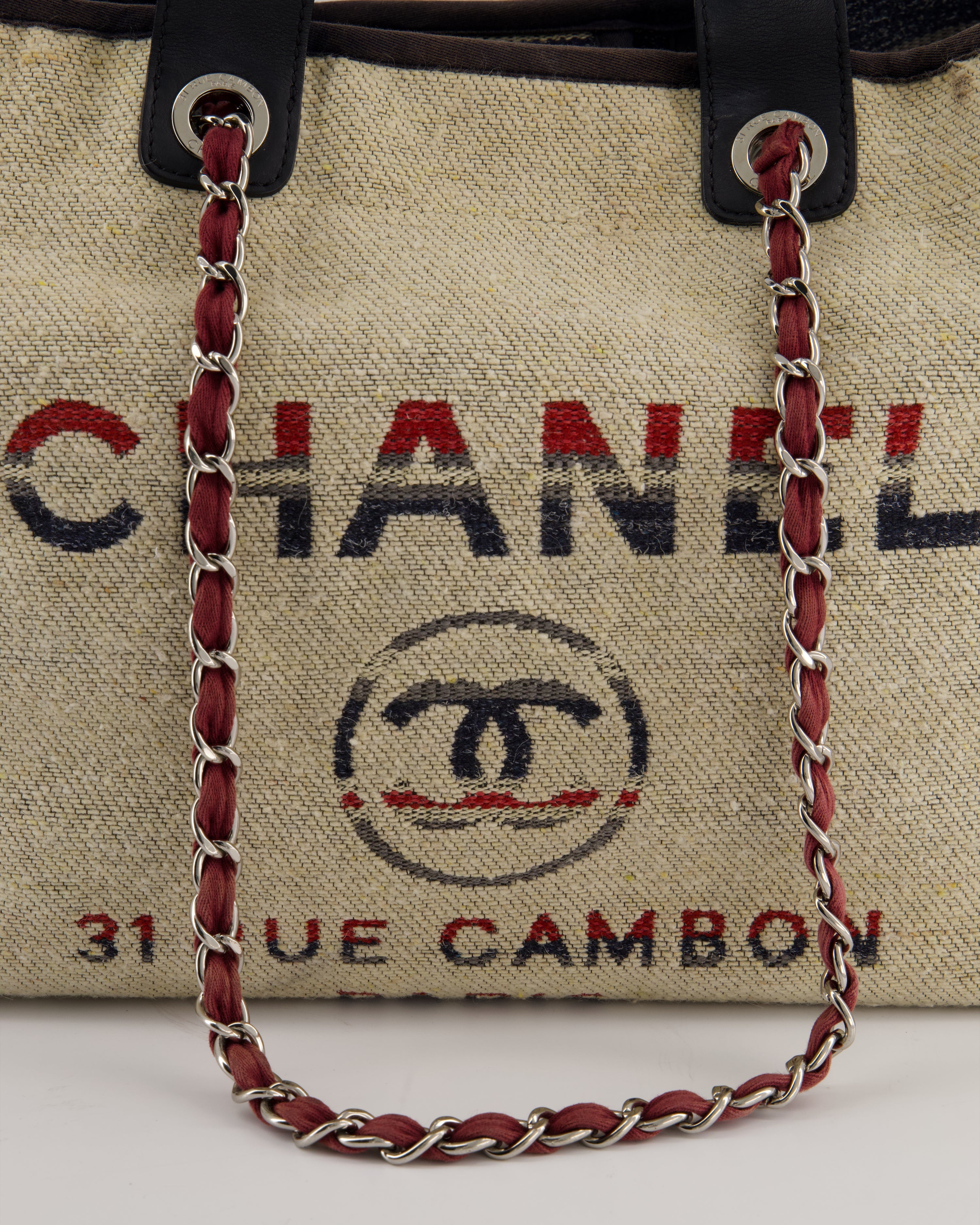 Chanel Blue and Red Medium Deauville Tote with Stripe Detail and Silver Hardware