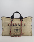 Chanel Blue and Red Medium Deauville Tote with Stripe Detail and Silver Hardware