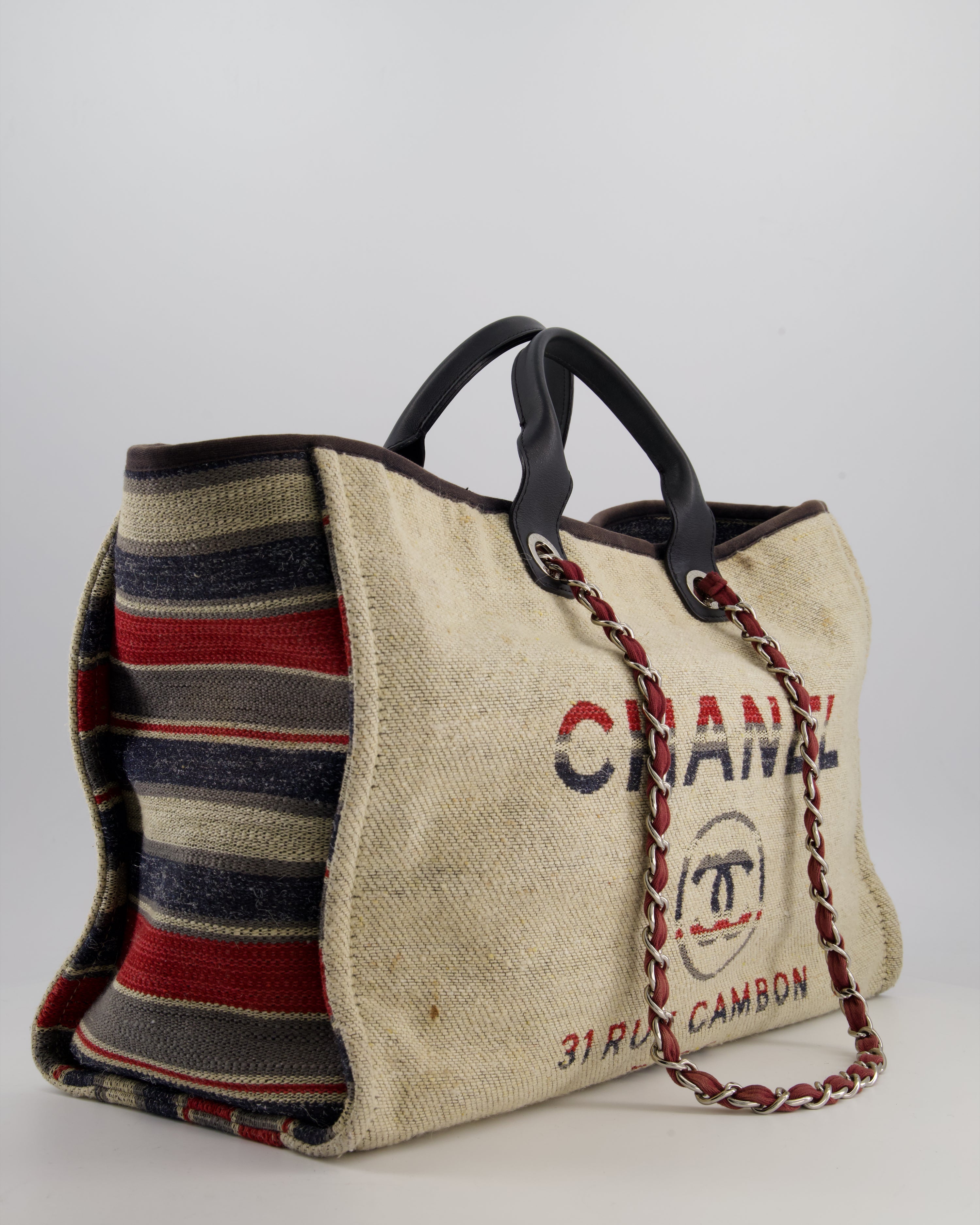 Chanel Blue and Red Medium Deauville Tote with Stripe Detail and Silver Hardware