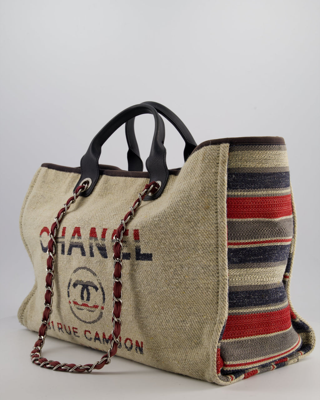 Chanel Blue and Red Medium Deauville Tote with Stripe Detail and Silver Hardware
