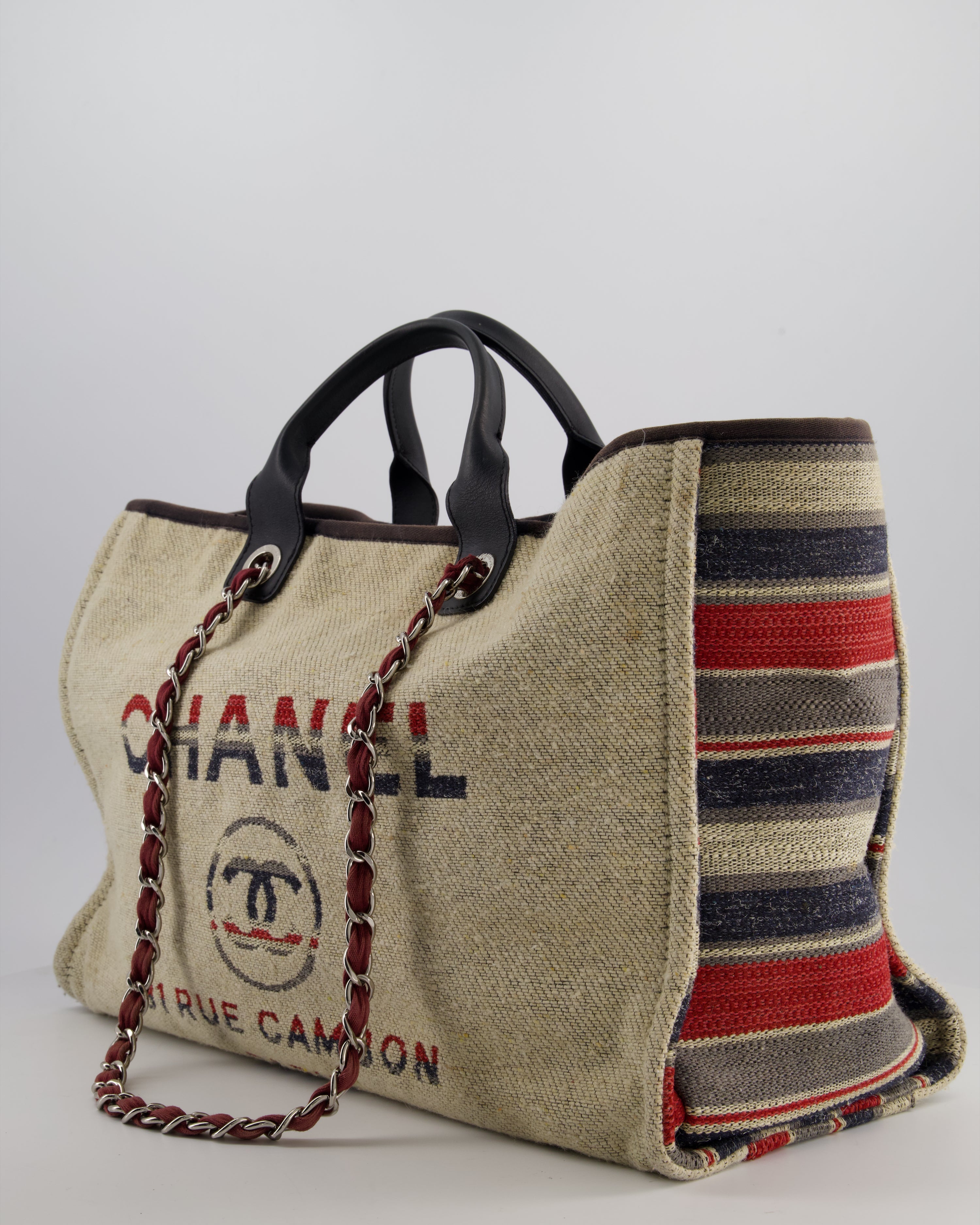 Chanel Blue and Red Medium Deauville Tote with Stripe Detail and Silver Hardware