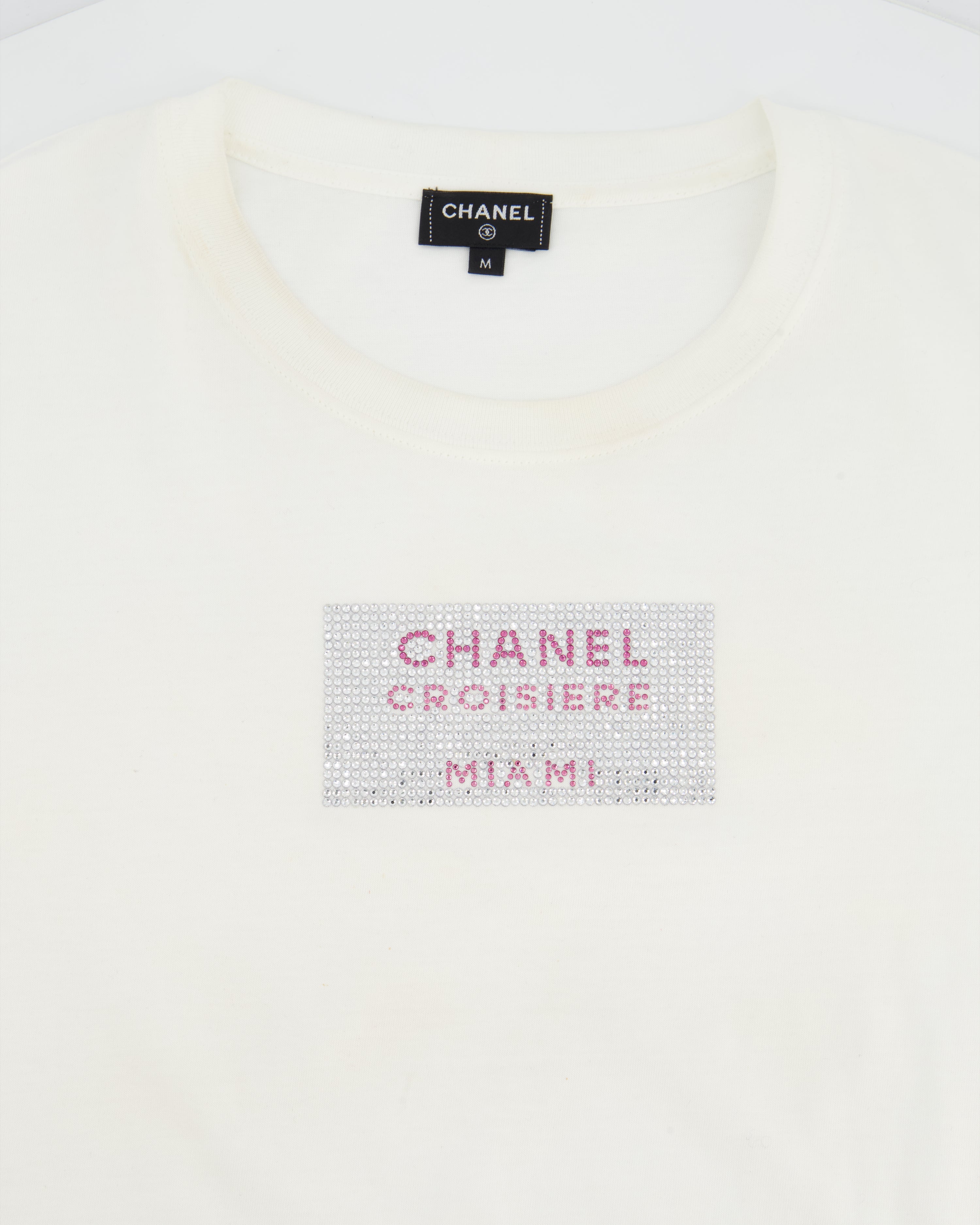 Chanel White T-shirt Rhinestones Detail “Croisiere Miami” Size M (UK 10)
