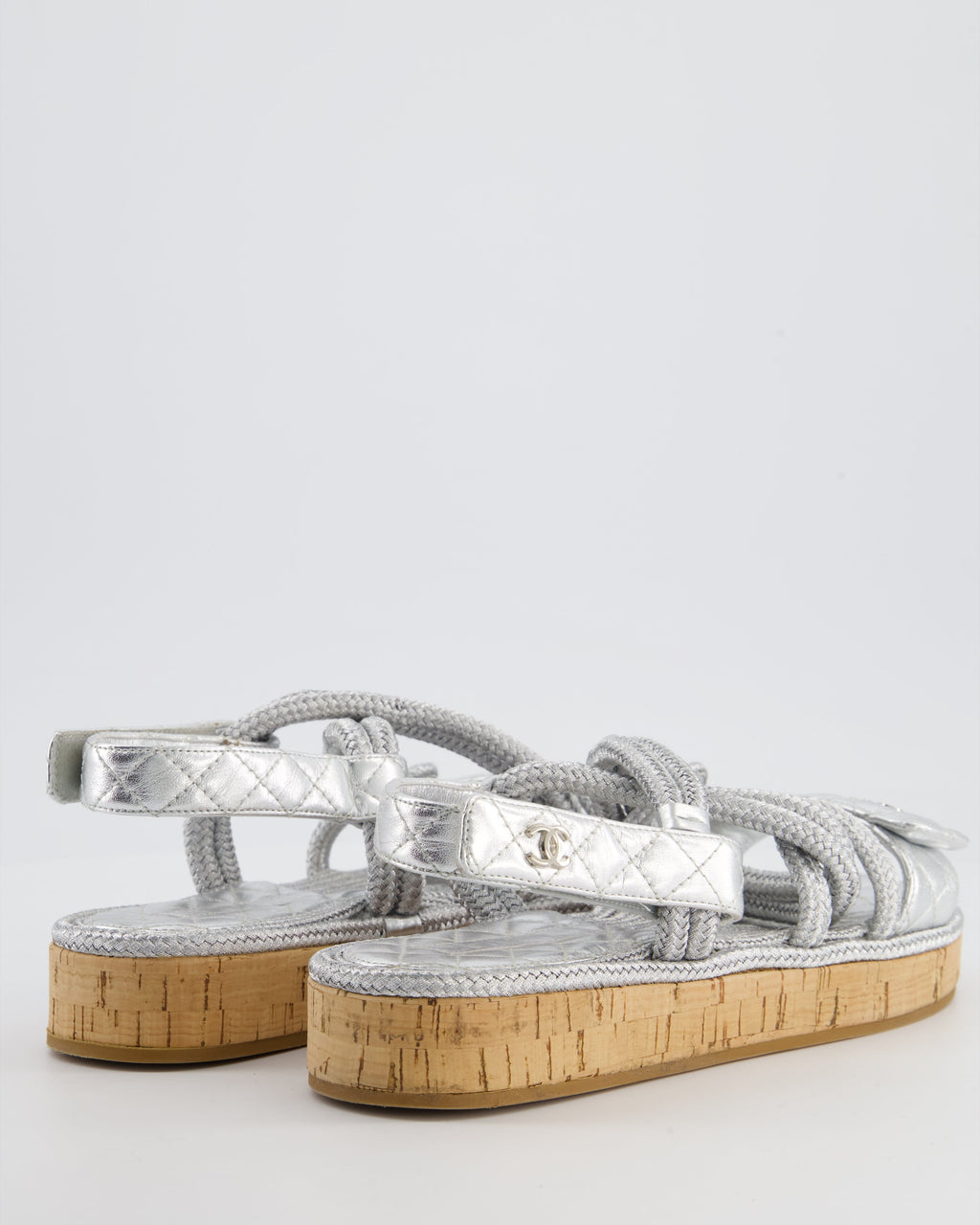 Chanel Metallic Silver Rope & Lambskin Dad Sandals with Silver CC Logo Details Size 39