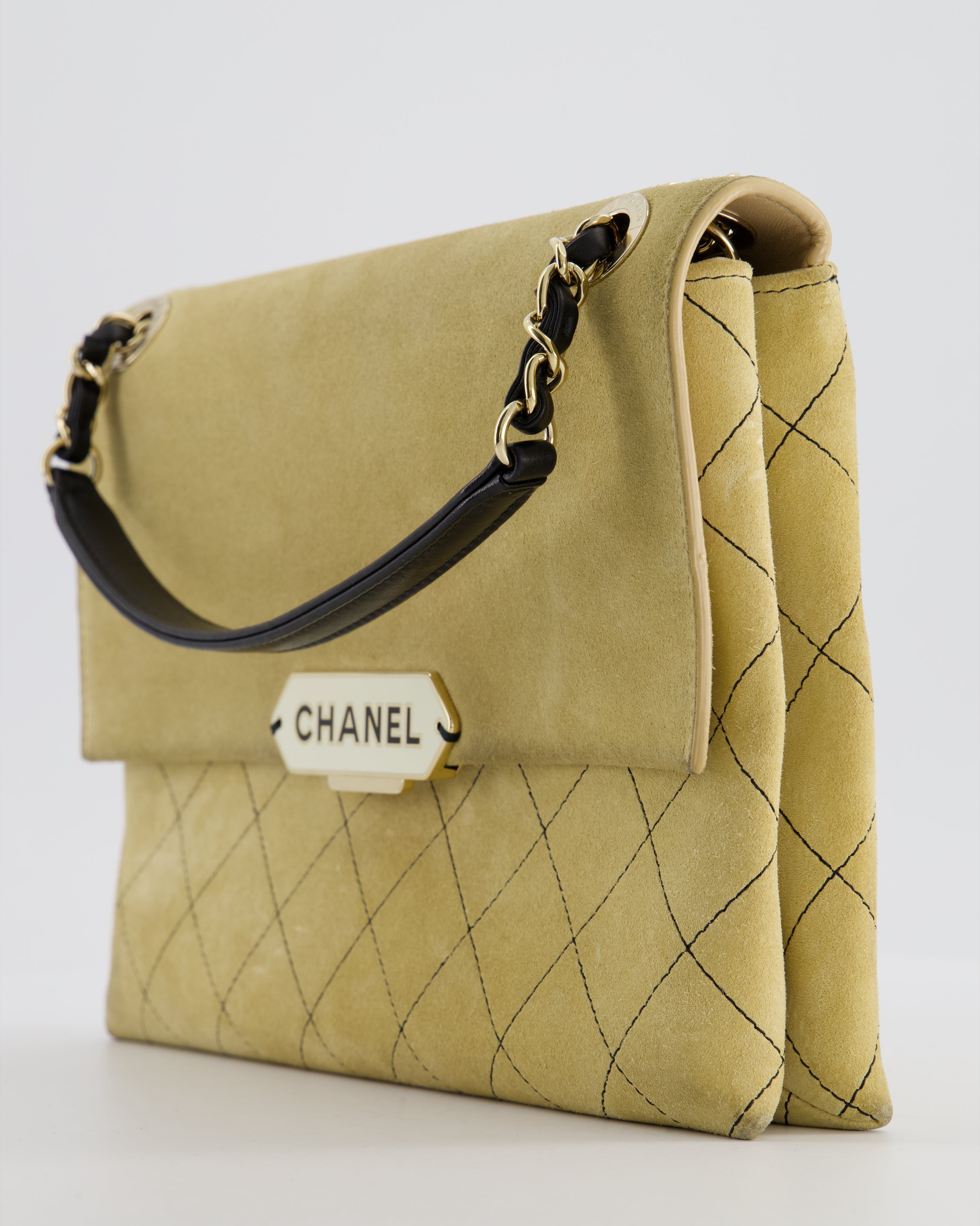 Chanel Beige Retro Label Matelasse Suede Flap Bag with Black Leather Chain & Champagne Gold Hardware