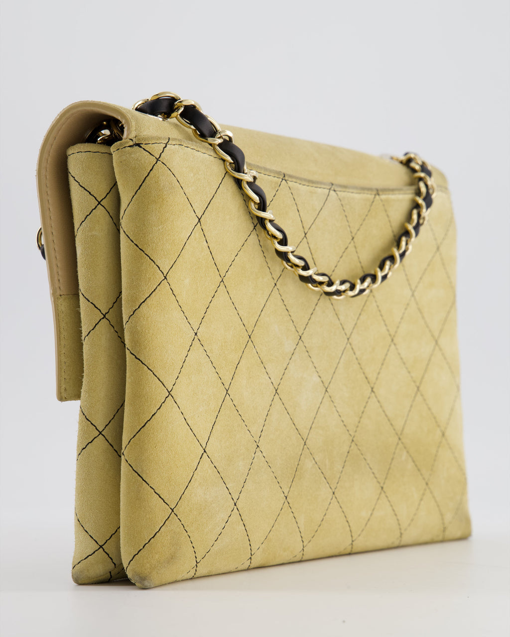 Chanel Beige Retro Label Matelasse Suede Flap Bag with Black Leather Chain & Champagne Gold Hardware