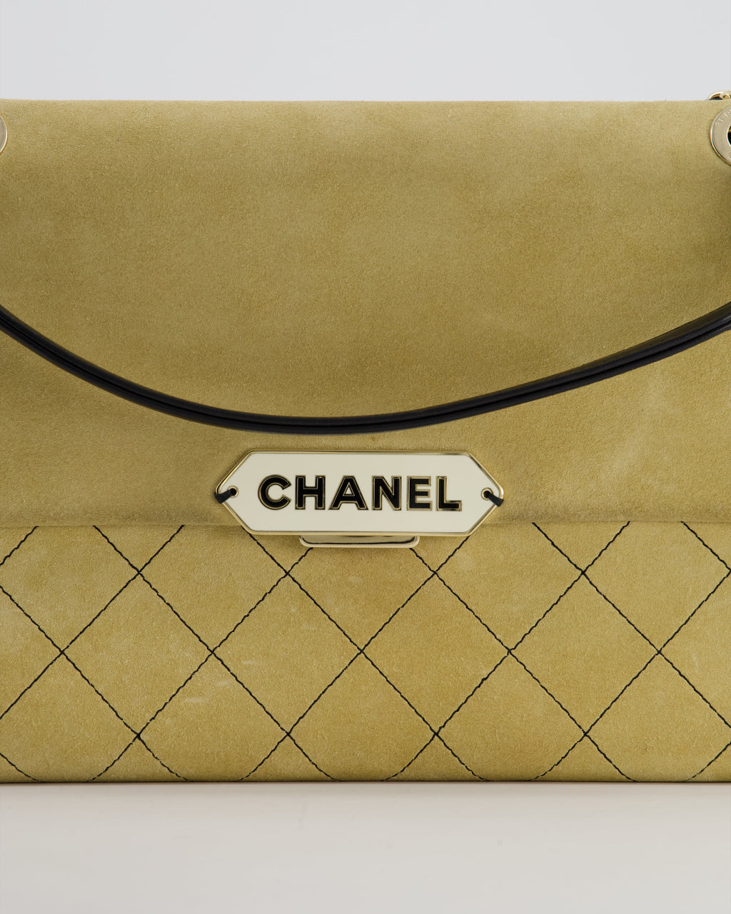 Chanel Beige Retro Label Matelasse Suede Flap Bag with Black Leather Chain & Champagne Gold Hardware