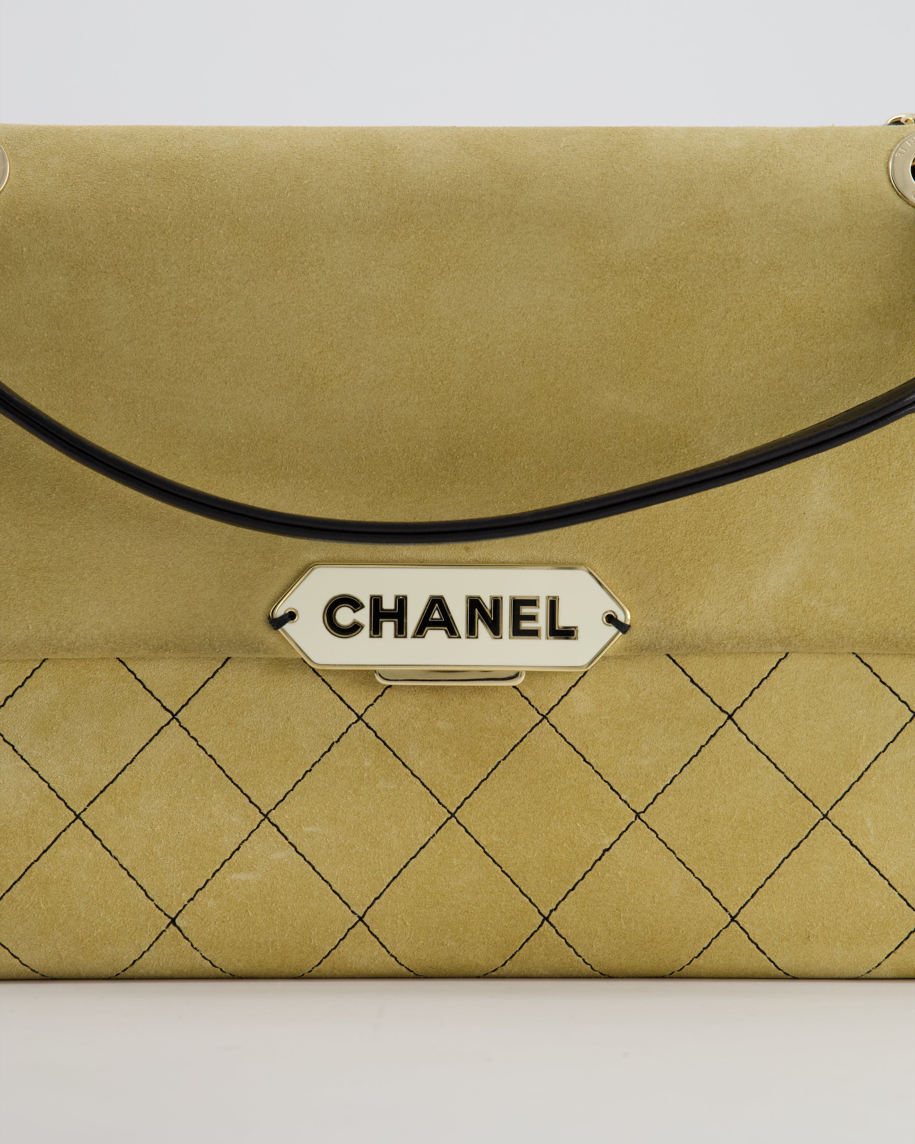 Chanel Beige Retro Label Matelasse Suede Flap Bag with Black Leather Chain & Champagne Gold Hardware