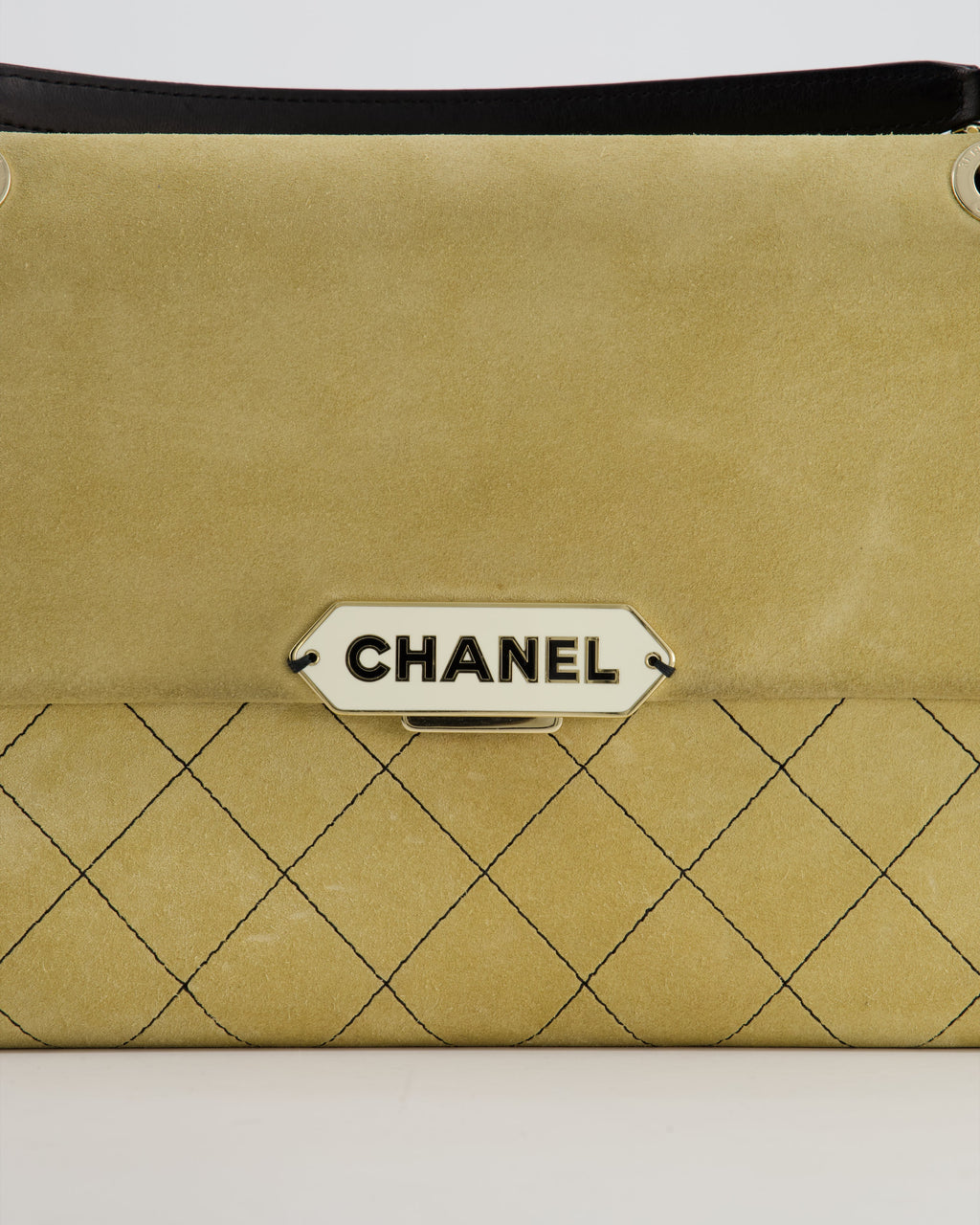 Chanel Beige Retro Label Matelasse Suede Flap Bag with Black Leather Chain & Champagne Gold Hardware