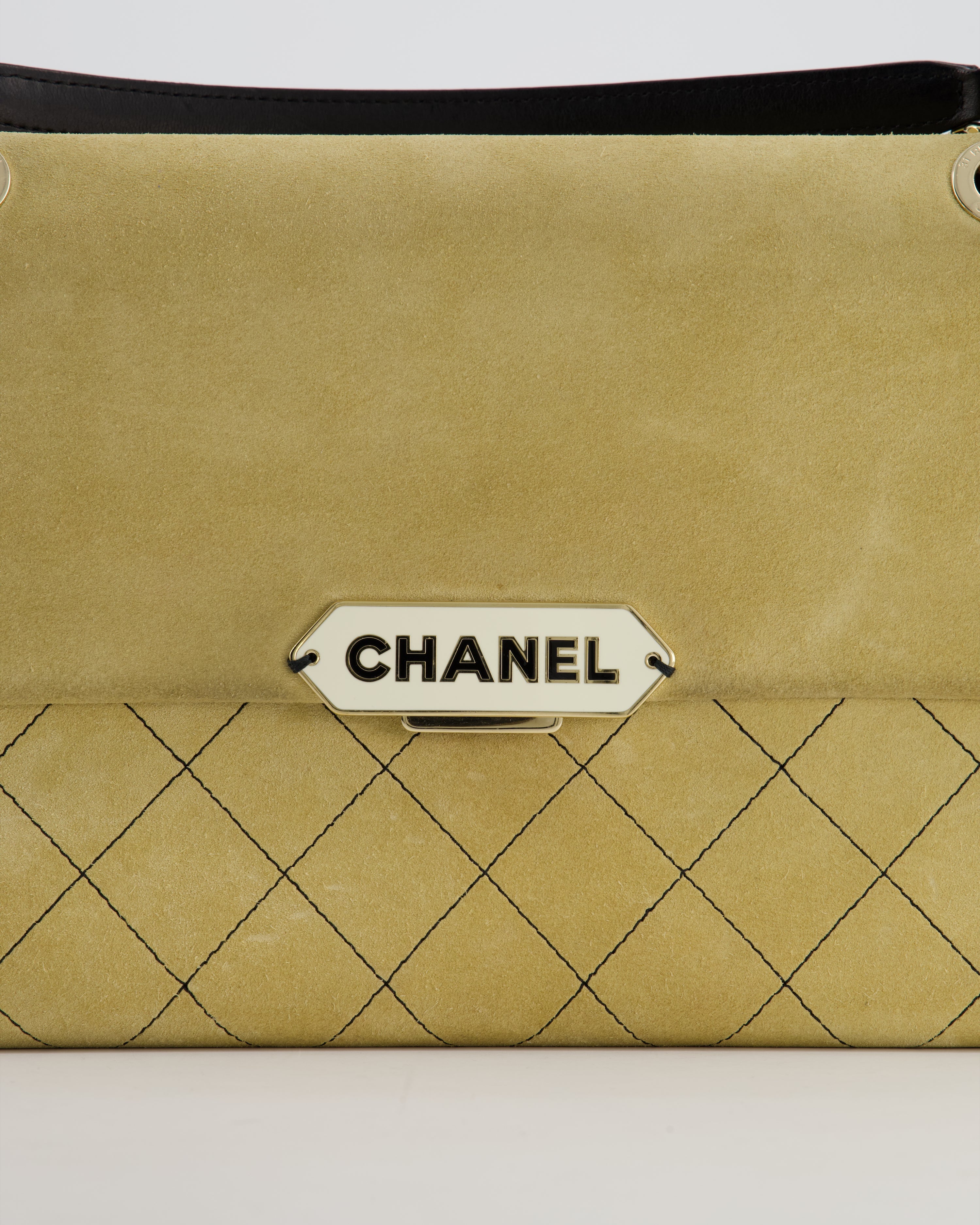 Chanel Beige Retro Label Matelasse Suede Flap Bag with Black Leather Chain & Champagne Gold Hardware