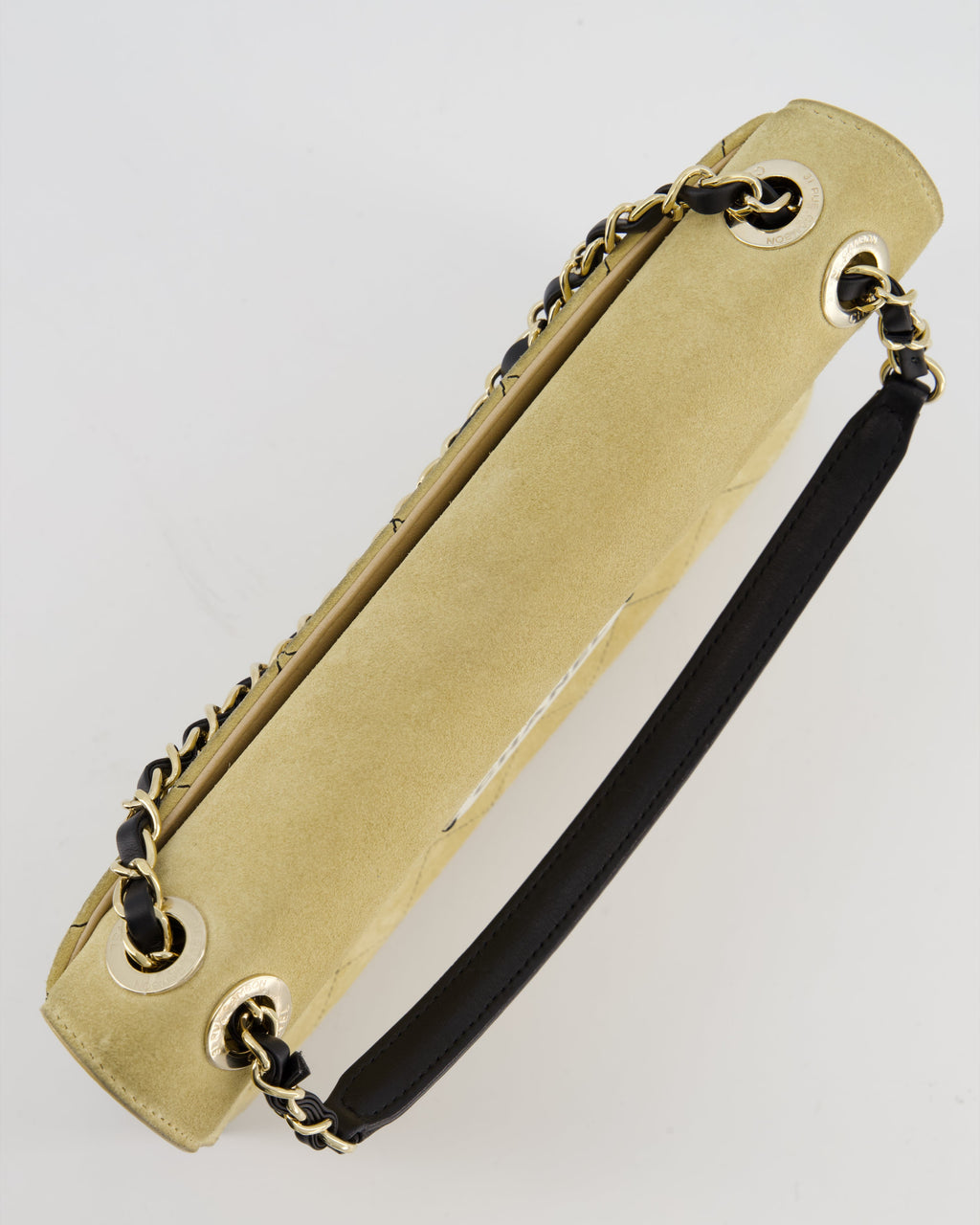 Chanel Beige Retro Label Matelasse Suede Flap Bag with Black Leather Chain & Champagne Gold Hardware