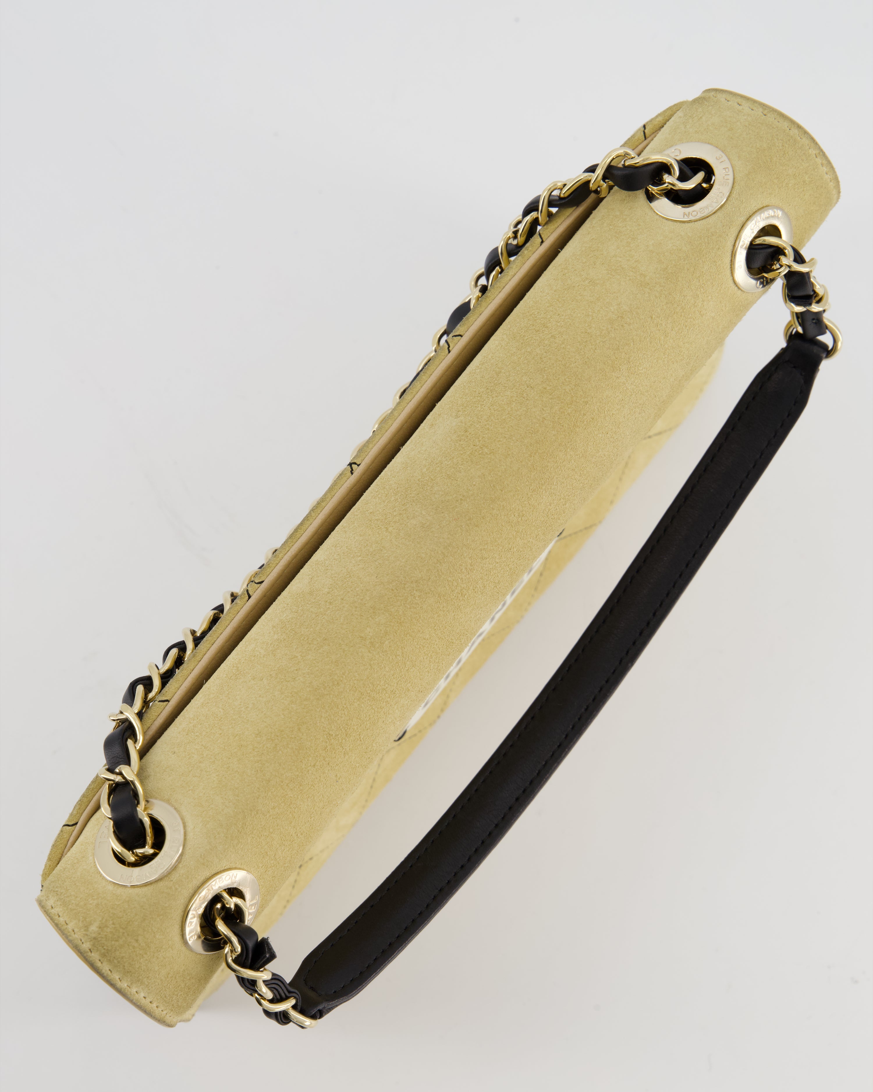 Chanel Beige Retro Label Matelasse Suede Flap Bag with Black Leather Chain & Champagne Gold Hardware