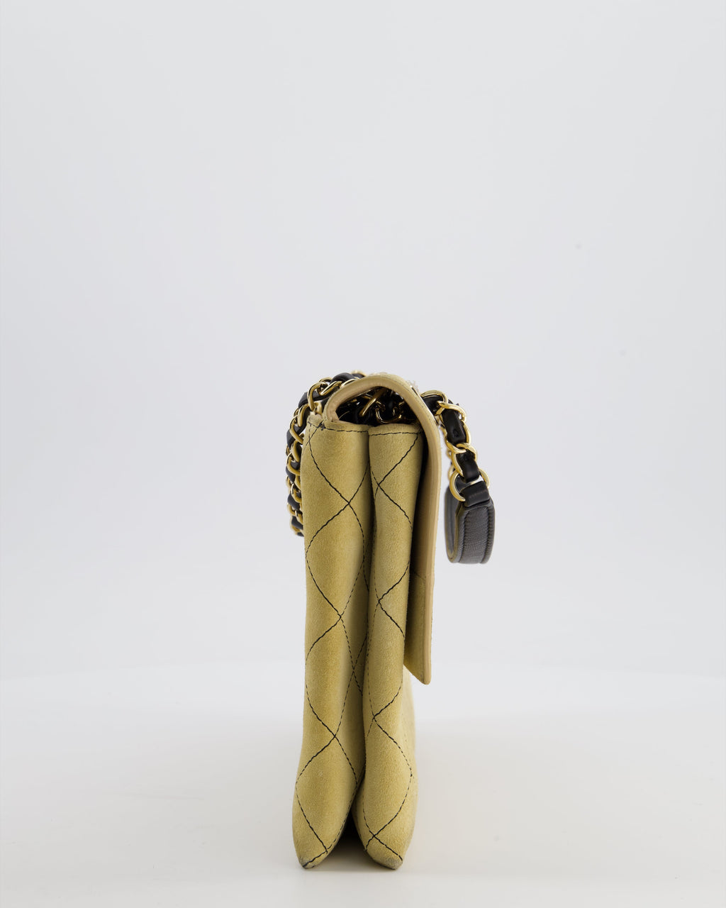 Chanel Beige Retro Label Matelasse Suede Flap Bag with Black Leather Chain & Champagne Gold Hardware