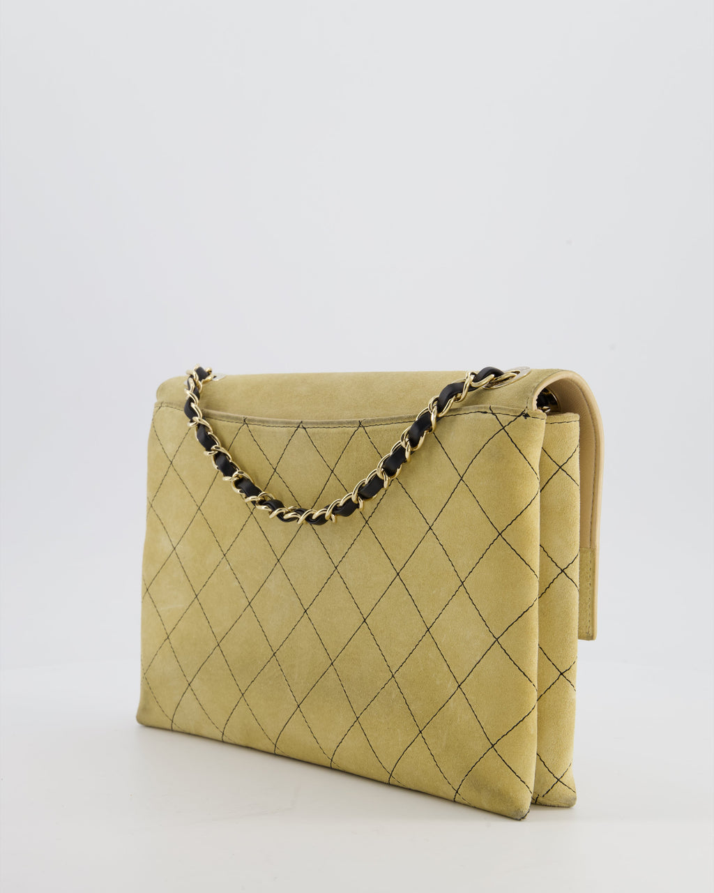 Chanel Beige Retro Label Matelasse Suede Flap Bag with Black Leather Chain & Champagne Gold Hardware