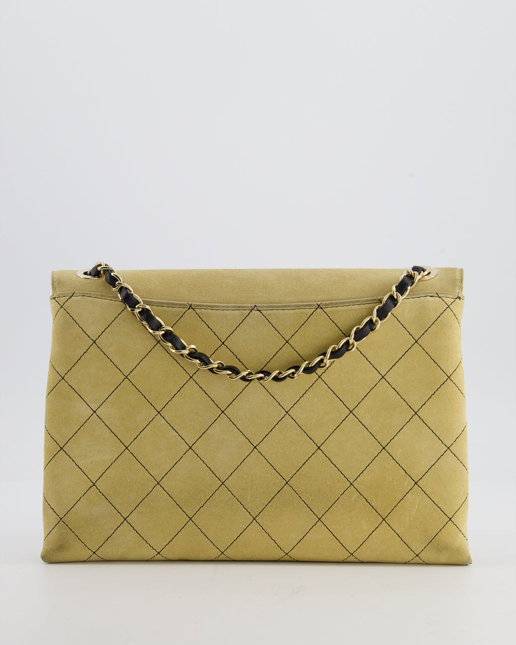 Chanel Beige Retro Label Matelasse Suede Flap Bag with Black Leather Chain & Champagne Gold Hardware