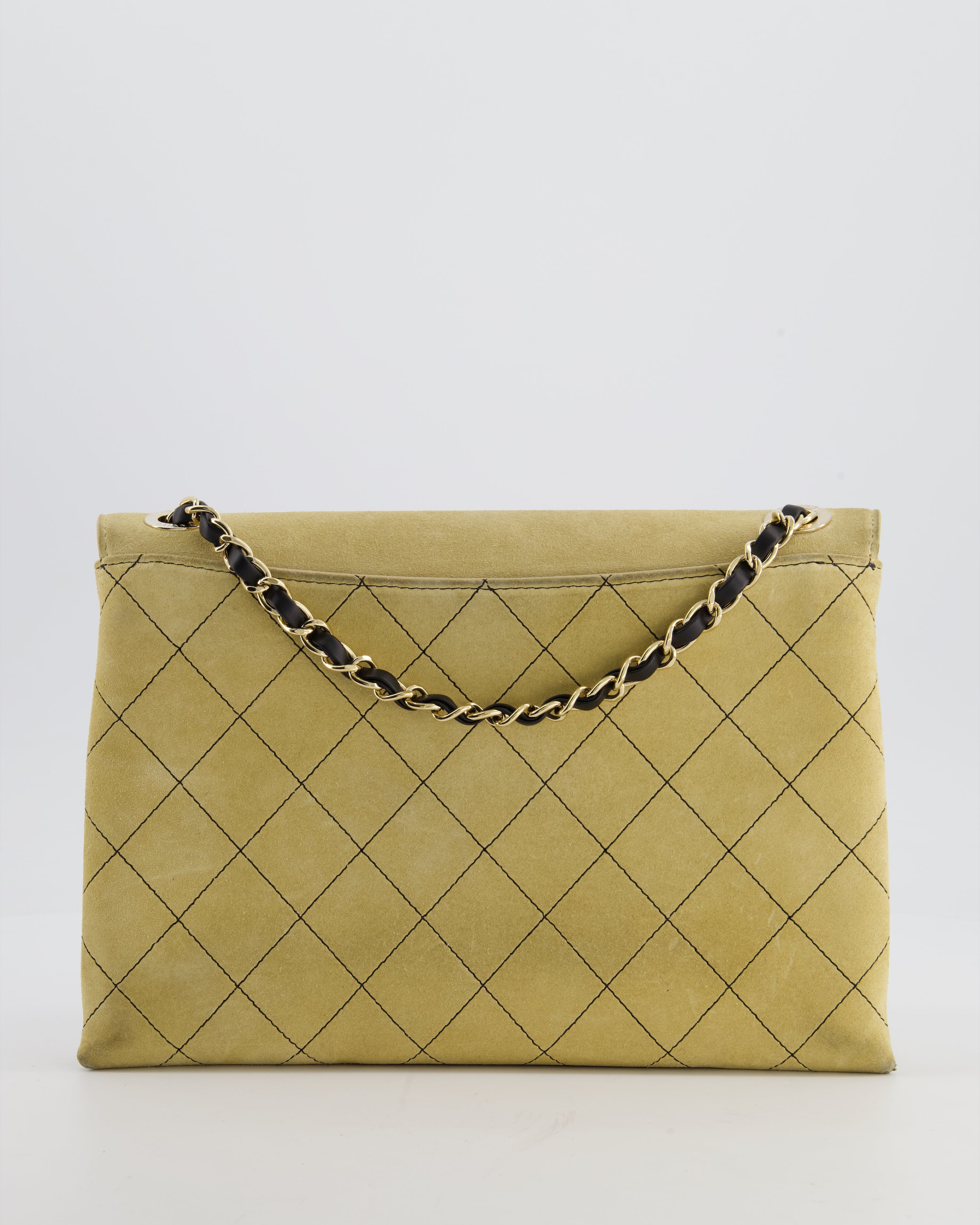 Chanel Beige Retro Label Matelasse Suede Flap Bag with Black Leather Chain & Champagne Gold Hardware