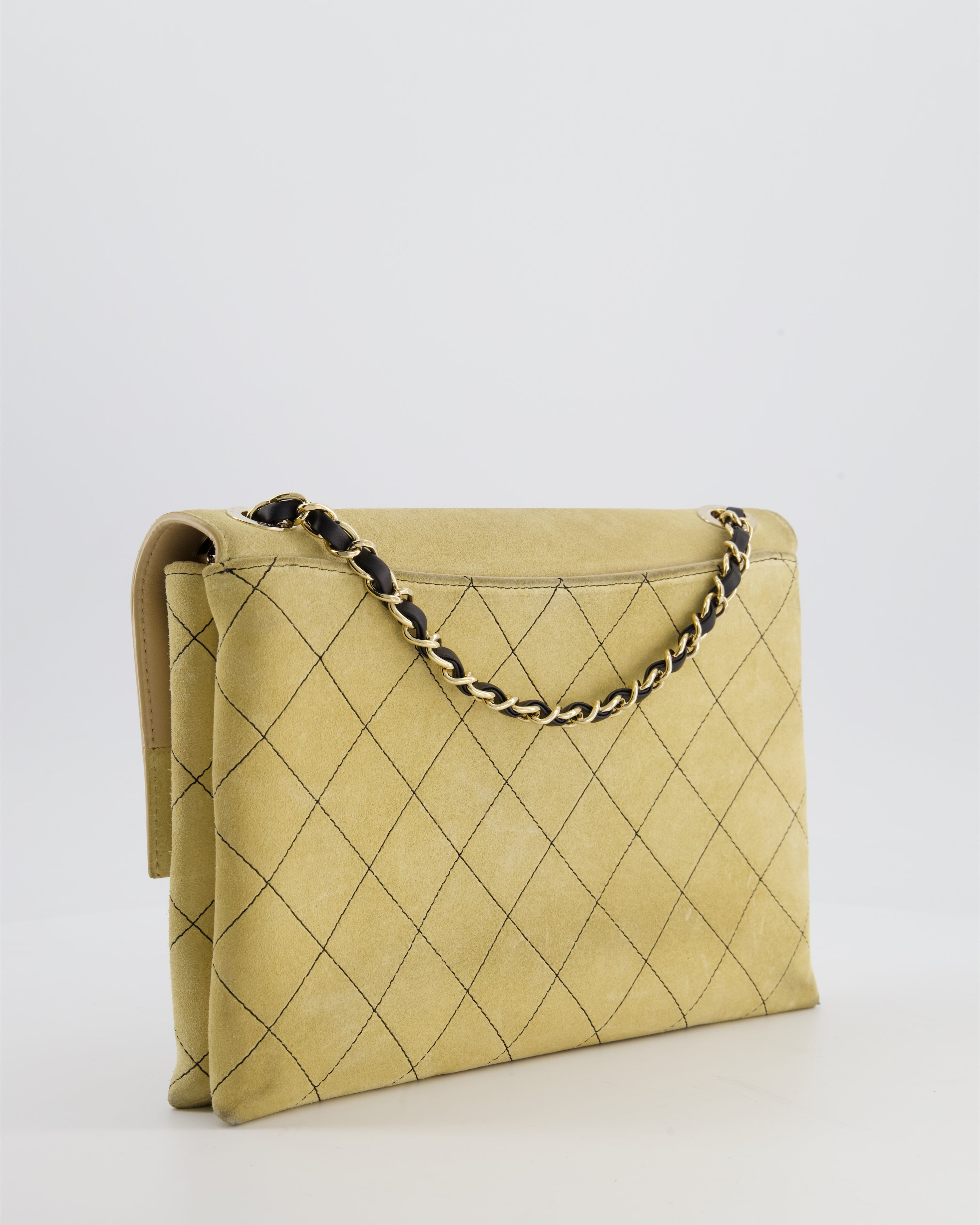 Chanel Beige Retro Label Matelasse Suede Flap Bag with Black Leather Chain & Champagne Gold Hardware
