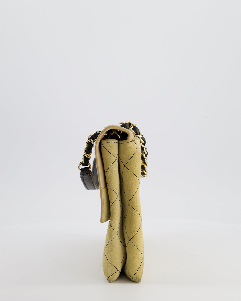 Chanel Beige Retro Label Matelasse Suede Flap Bag with Black Leather Chain & Champagne Gold Hardware