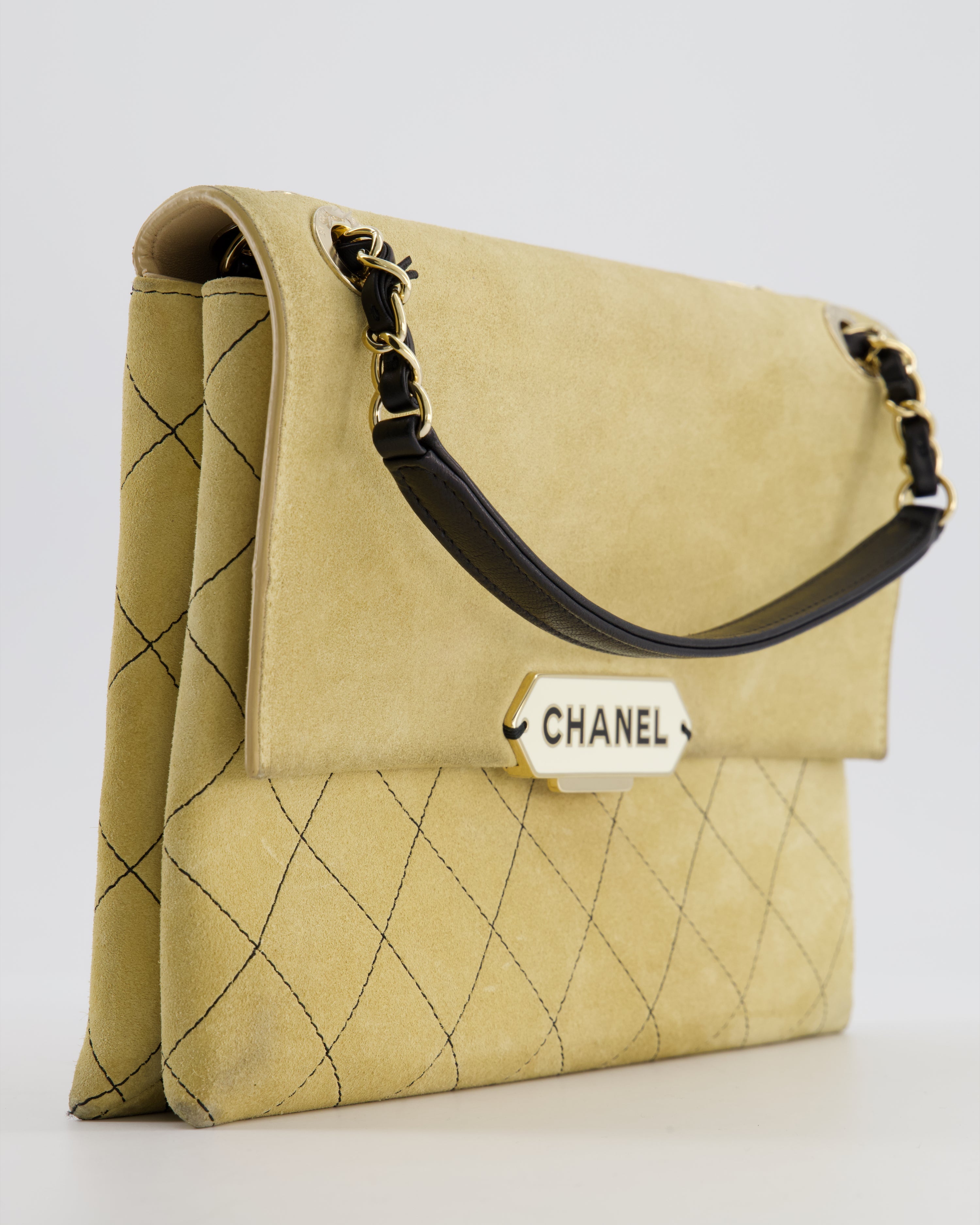 Chanel Beige Retro Label Matelasse Suede Flap Bag with Black Leather Chain & Champagne Gold Hardware